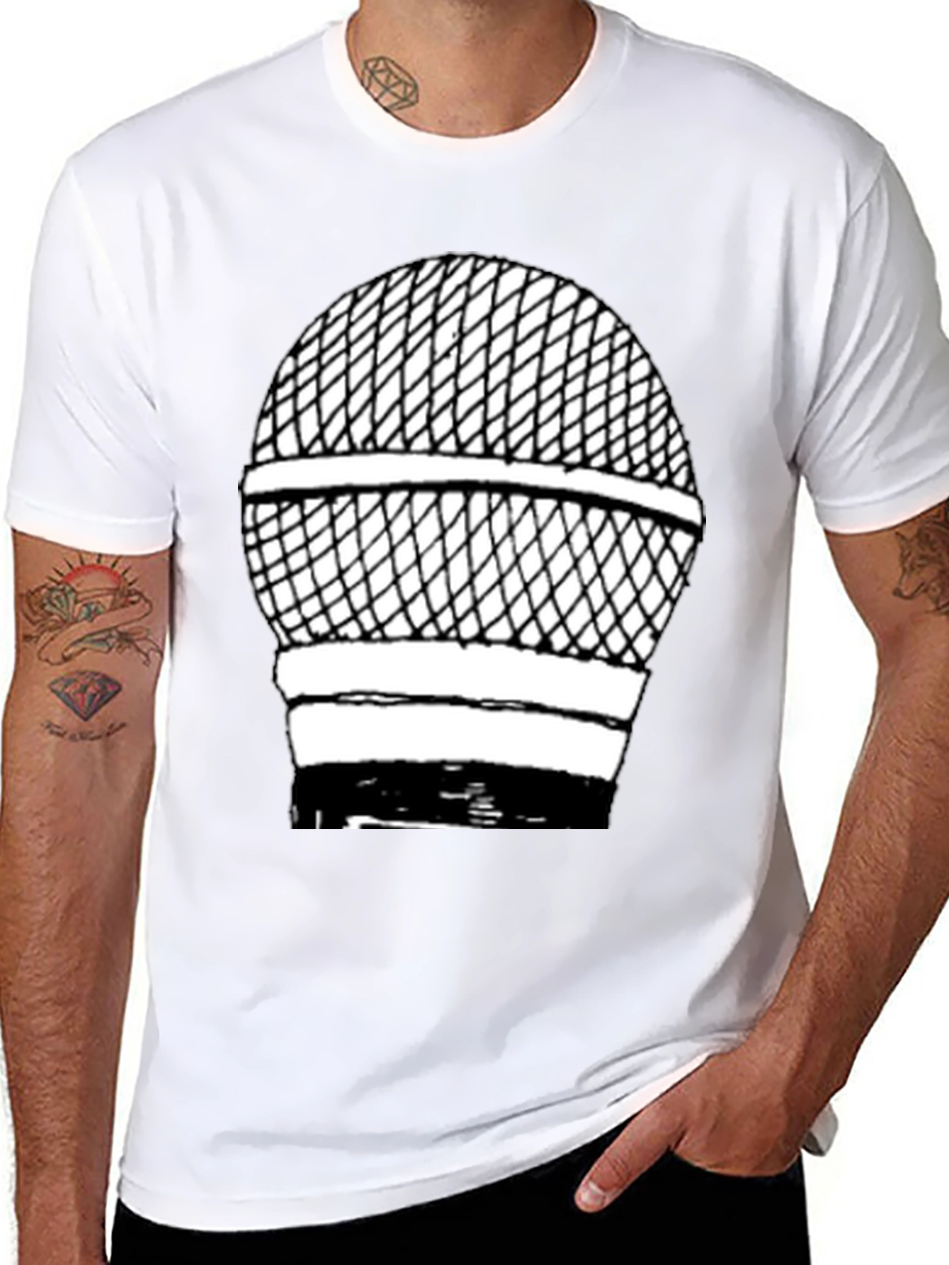 Retro Microphone Graphic Tee - Black Cotton Shirt