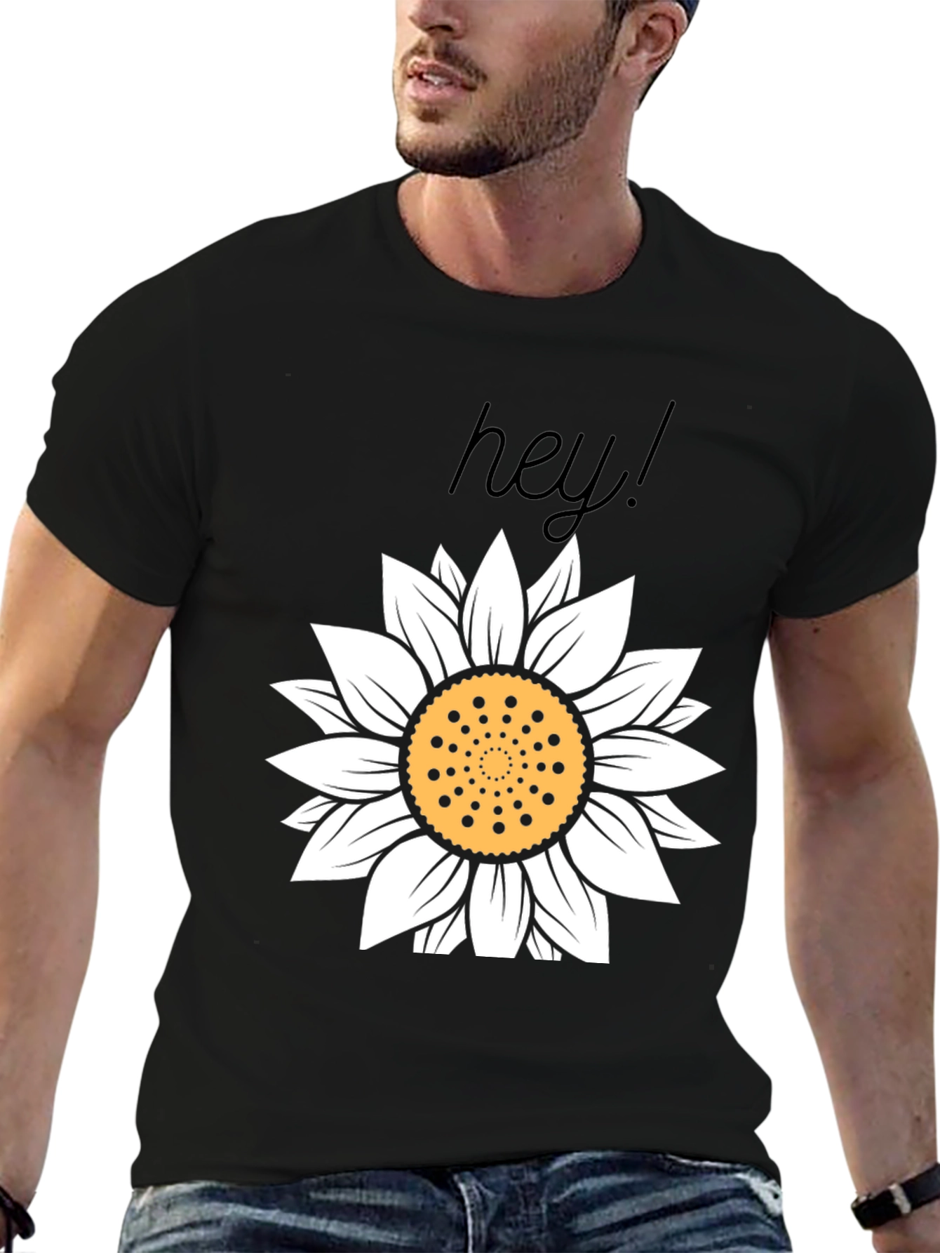 Hey! Sunflower Graphic Tee - Black Cotton Casual Top