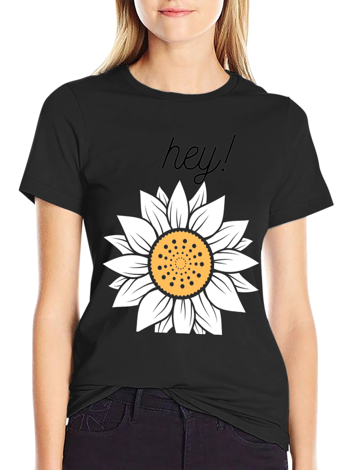Hey! Sunflower Graphic Tee - Black Cotton Casual Top