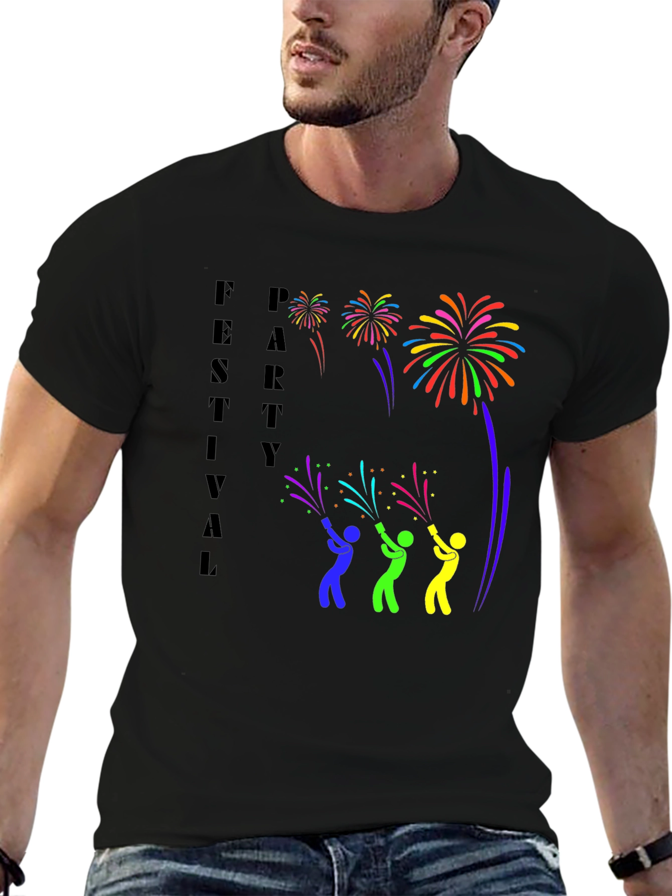 Festival Party Fireworks Graphic Tee - Black