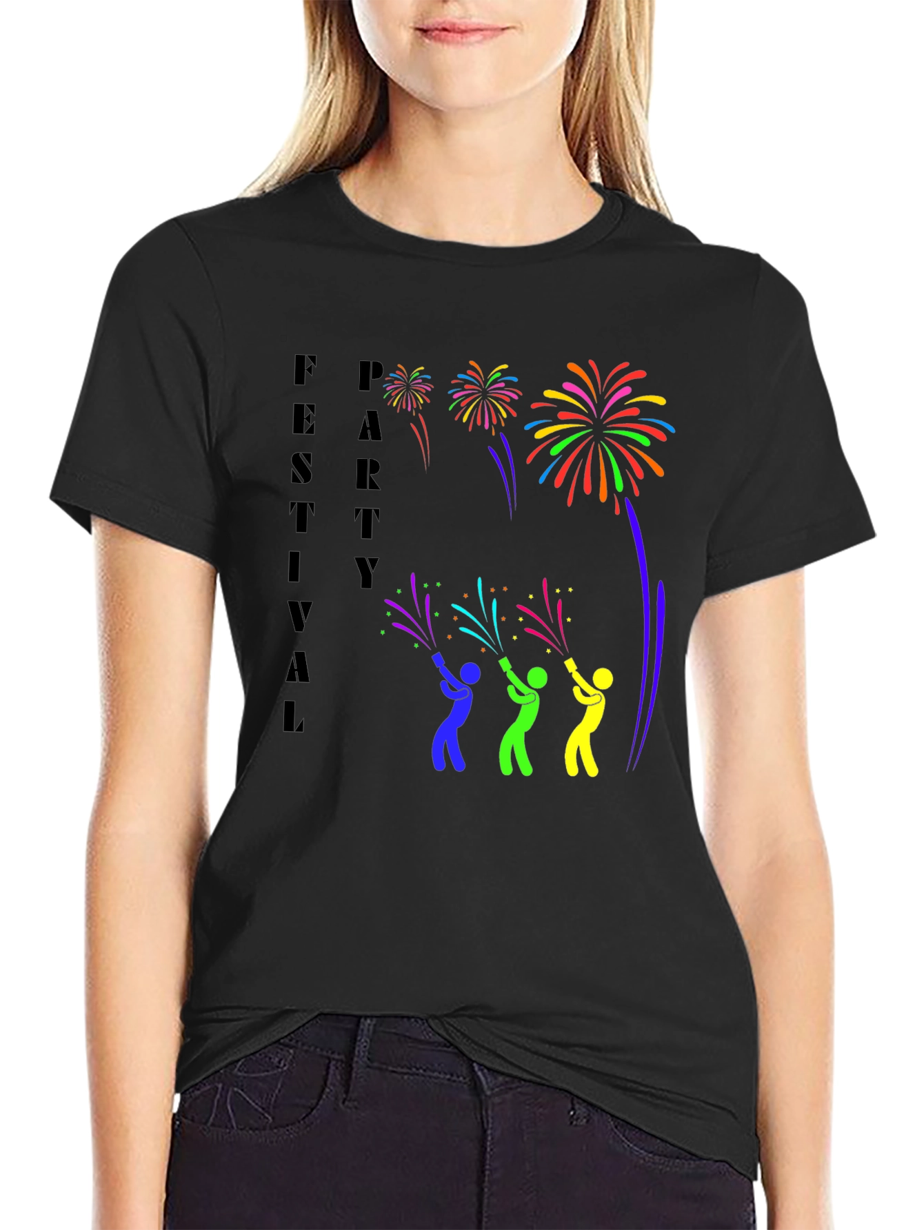 Festival Party Fireworks Graphic Tee - Black