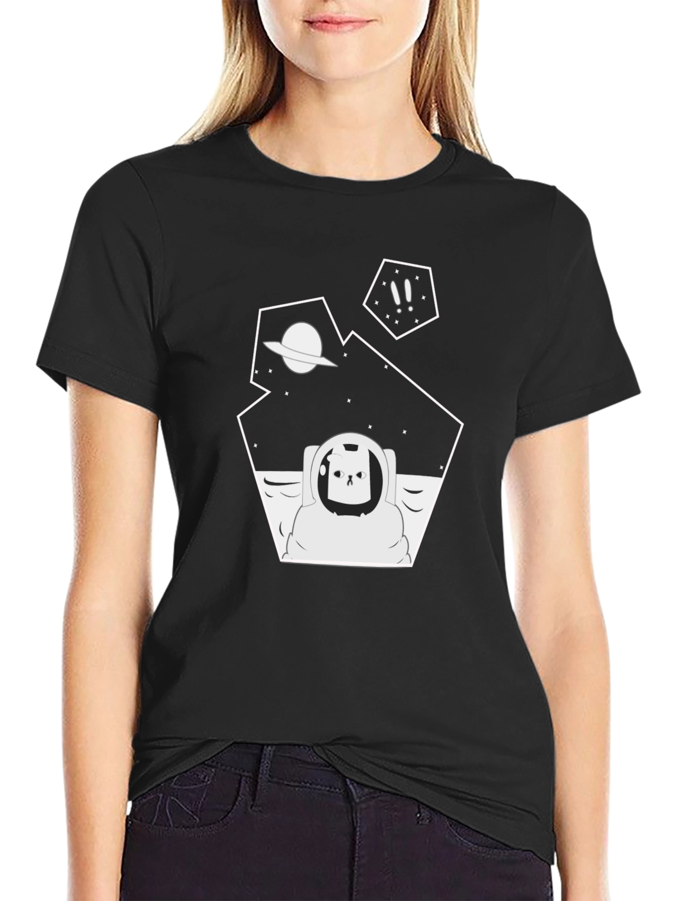 Astronaut Cat Graphic Tee - Black Cotton T-Shirt