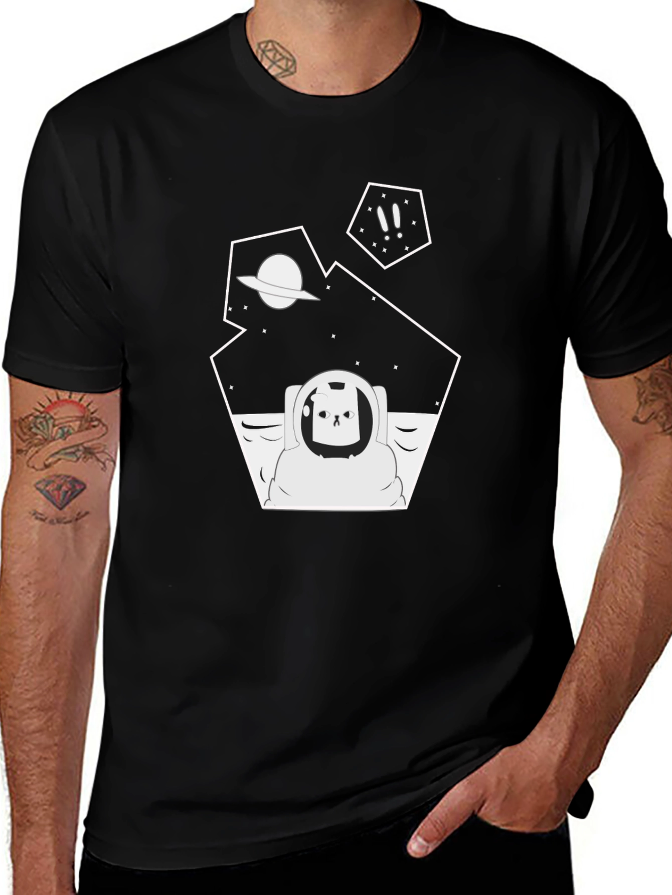 Astronaut Cat Graphic Tee - Black Cotton T-Shirt