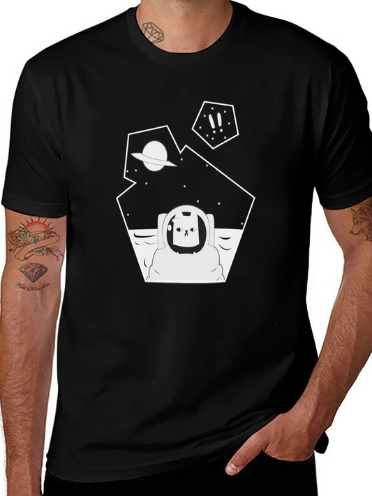 Astronaut Cat Graphic Tee - Black Cotton T-Shirt