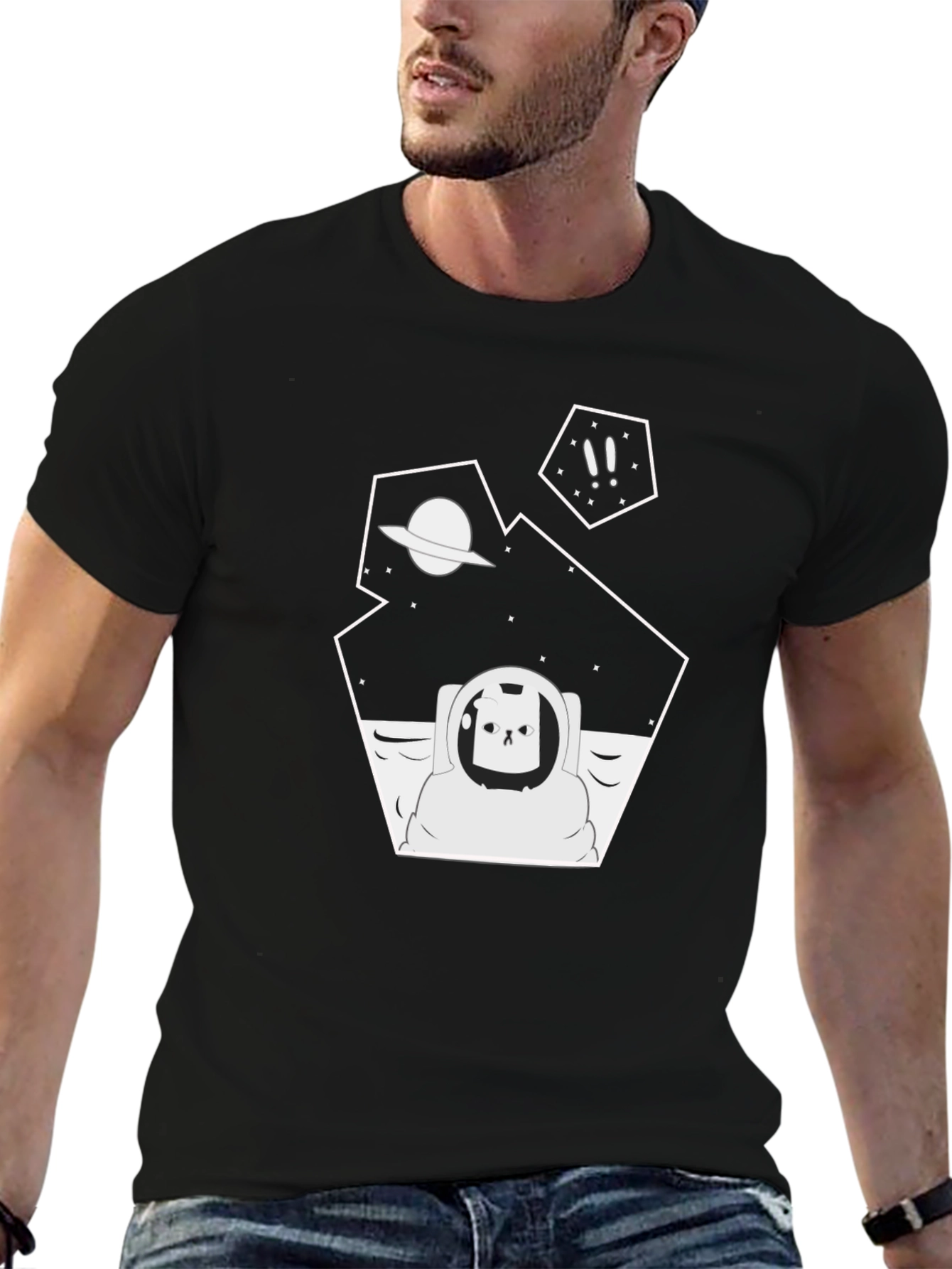 Astronaut Cat Graphic Tee - Black Cotton T-Shirt