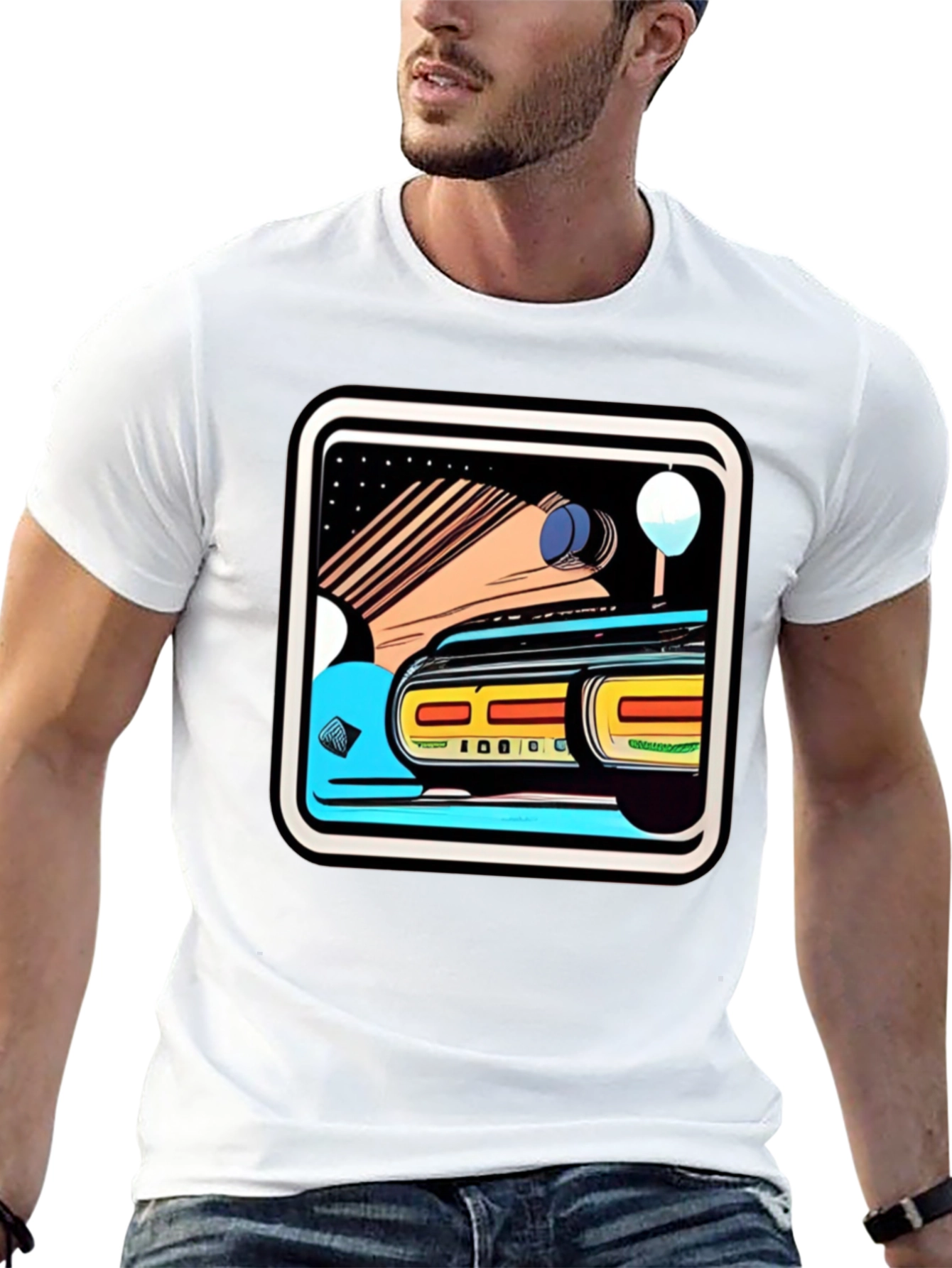 Retro Style Car Graphic Tee - Black Cotton Blend
