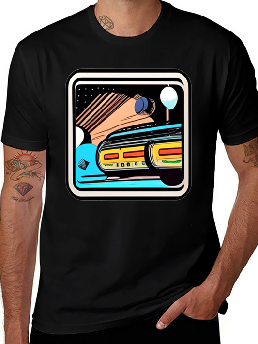 Retro Style Car Graphic Tee - Black Cotton Blend