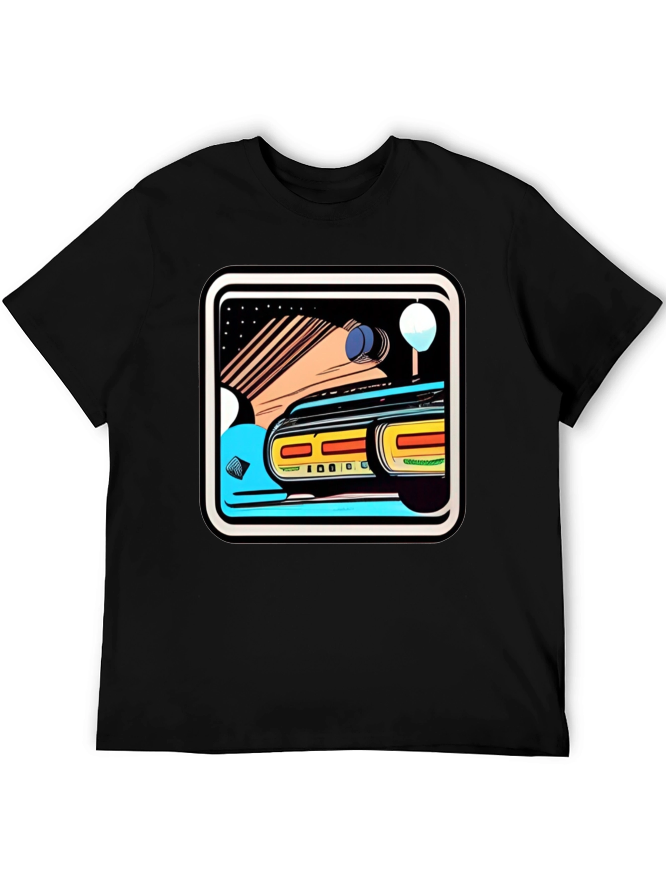 Retro Style Car Graphic Tee - Black Cotton Blend