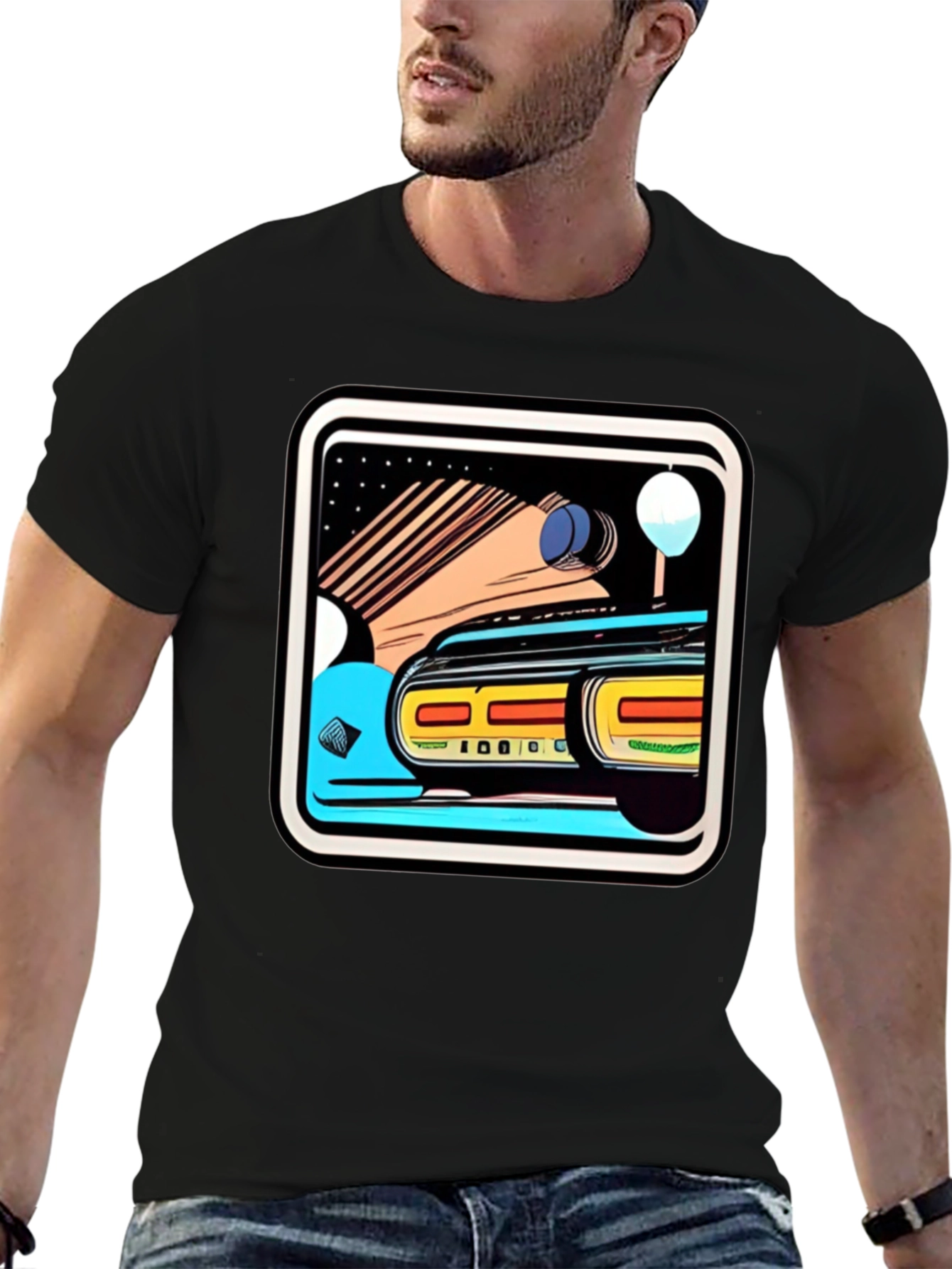 Retro Style Car Graphic Tee - Black Cotton Blend