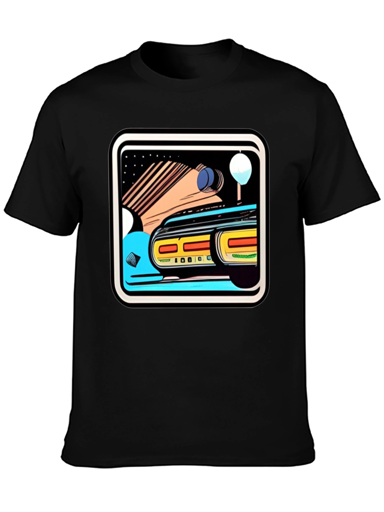 Retro Style Car Graphic Tee - Black Cotton Blend