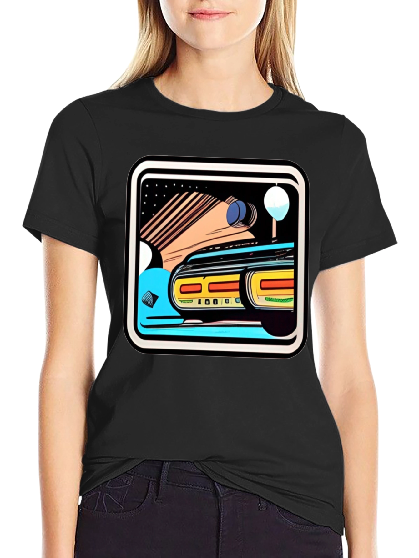 Retro Style Car Graphic Tee - Black Cotton Blend