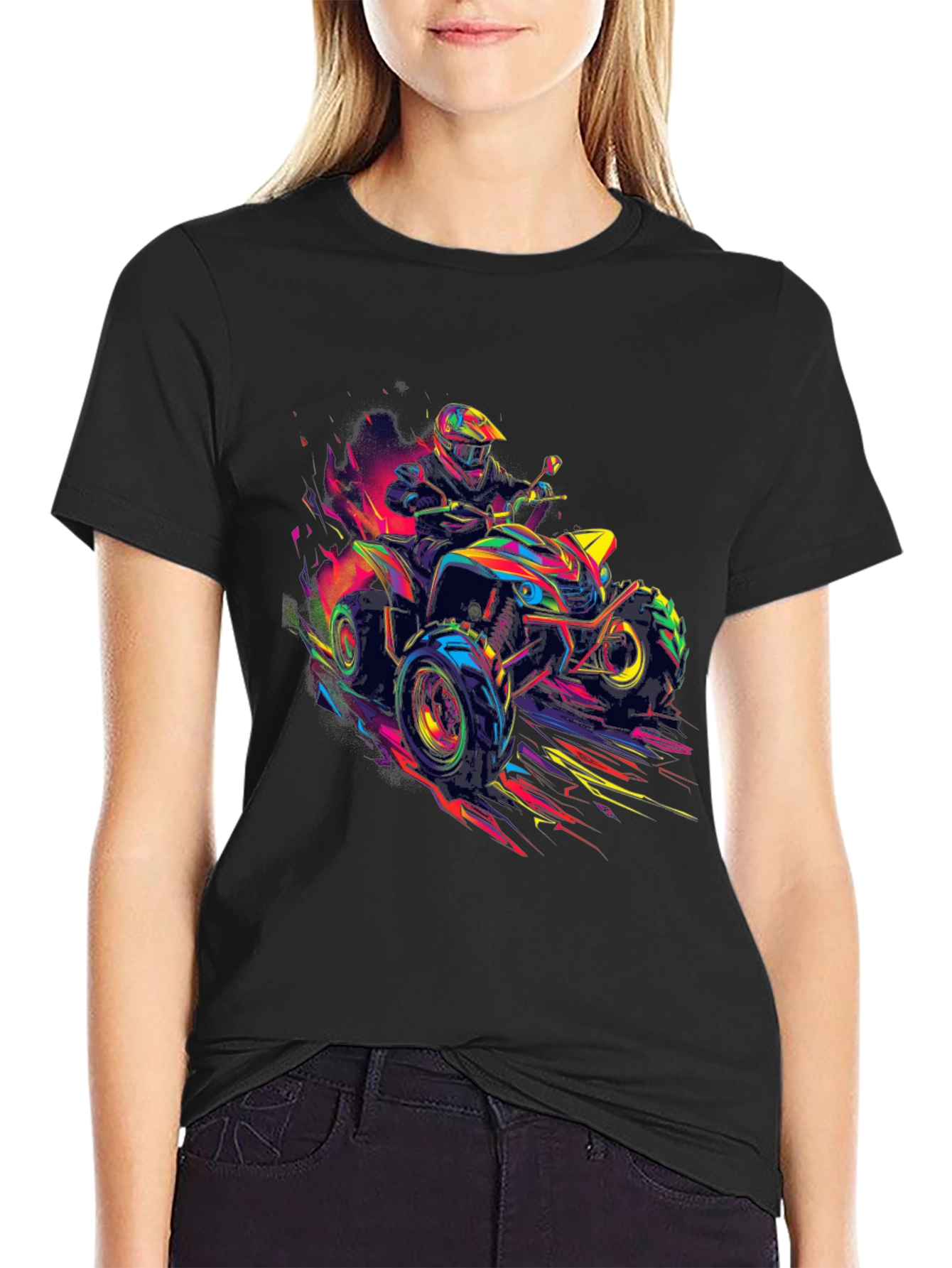 Vibrant ATV Rider Graphic Tee - Black Cotton Blend