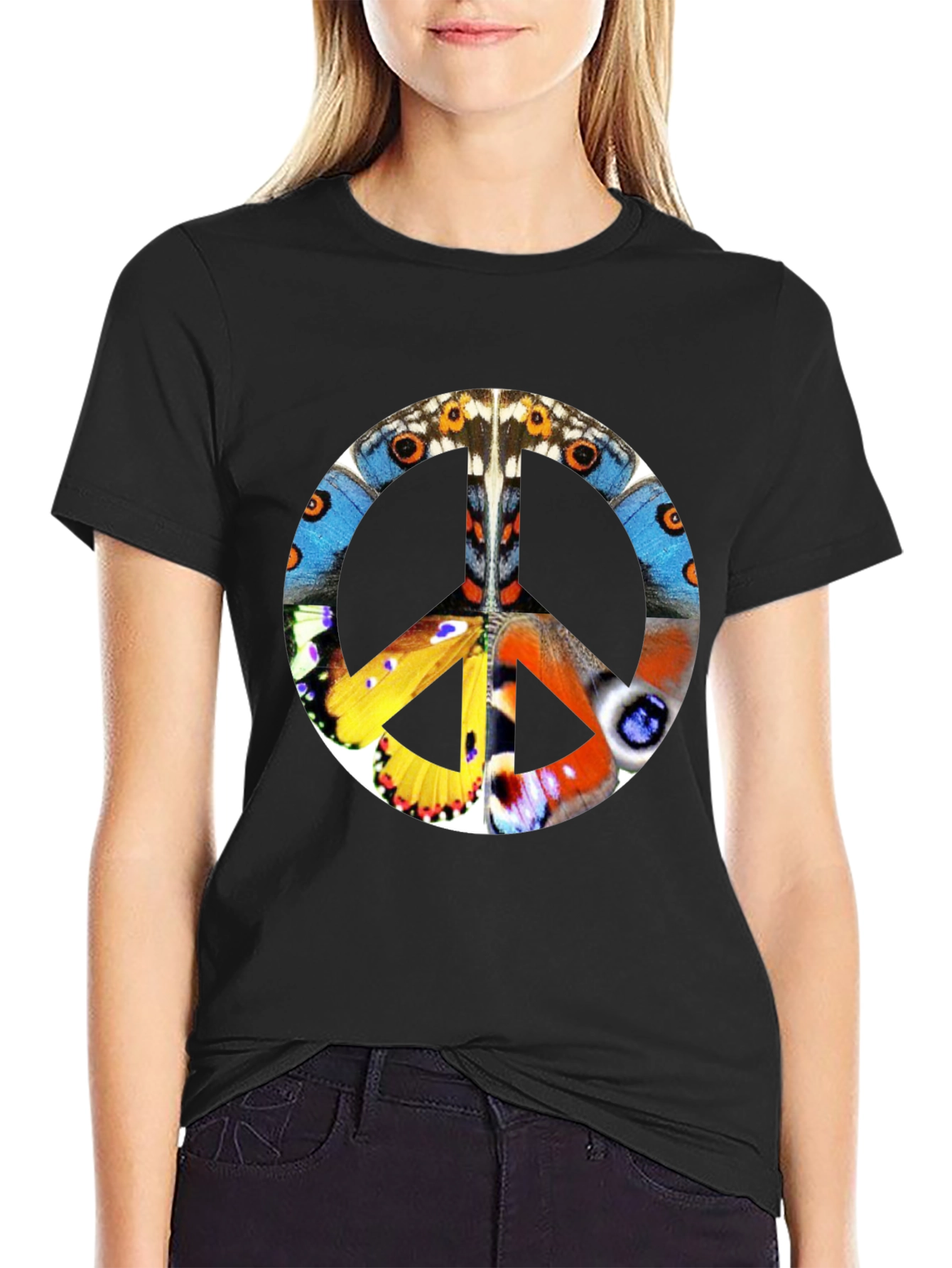 Butterfly Peace Sign Graphic T-Shirt - Black