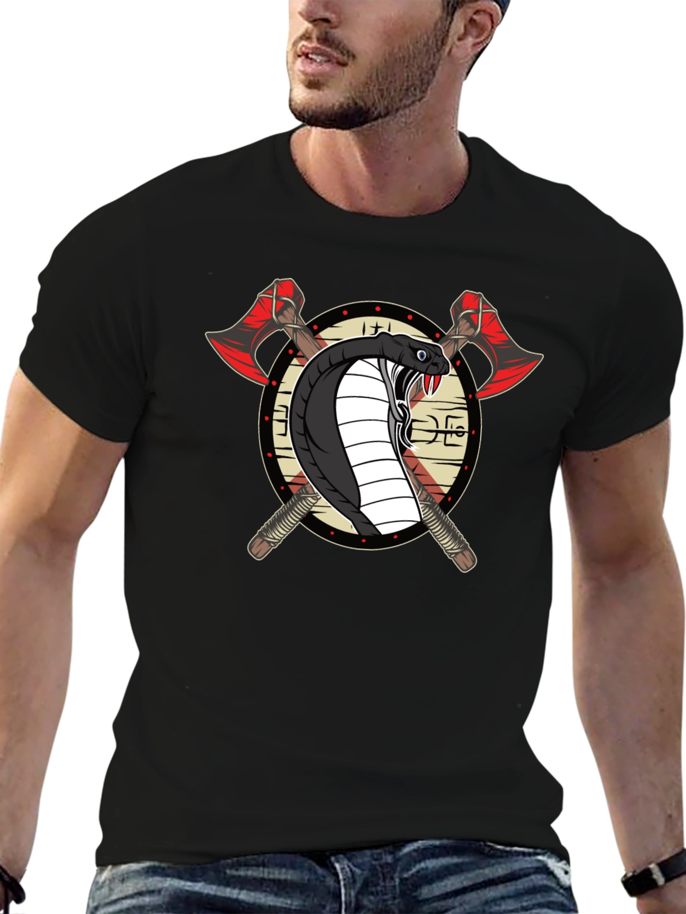 Cobra & Axes Graphic Tee - Black Cotton Blend