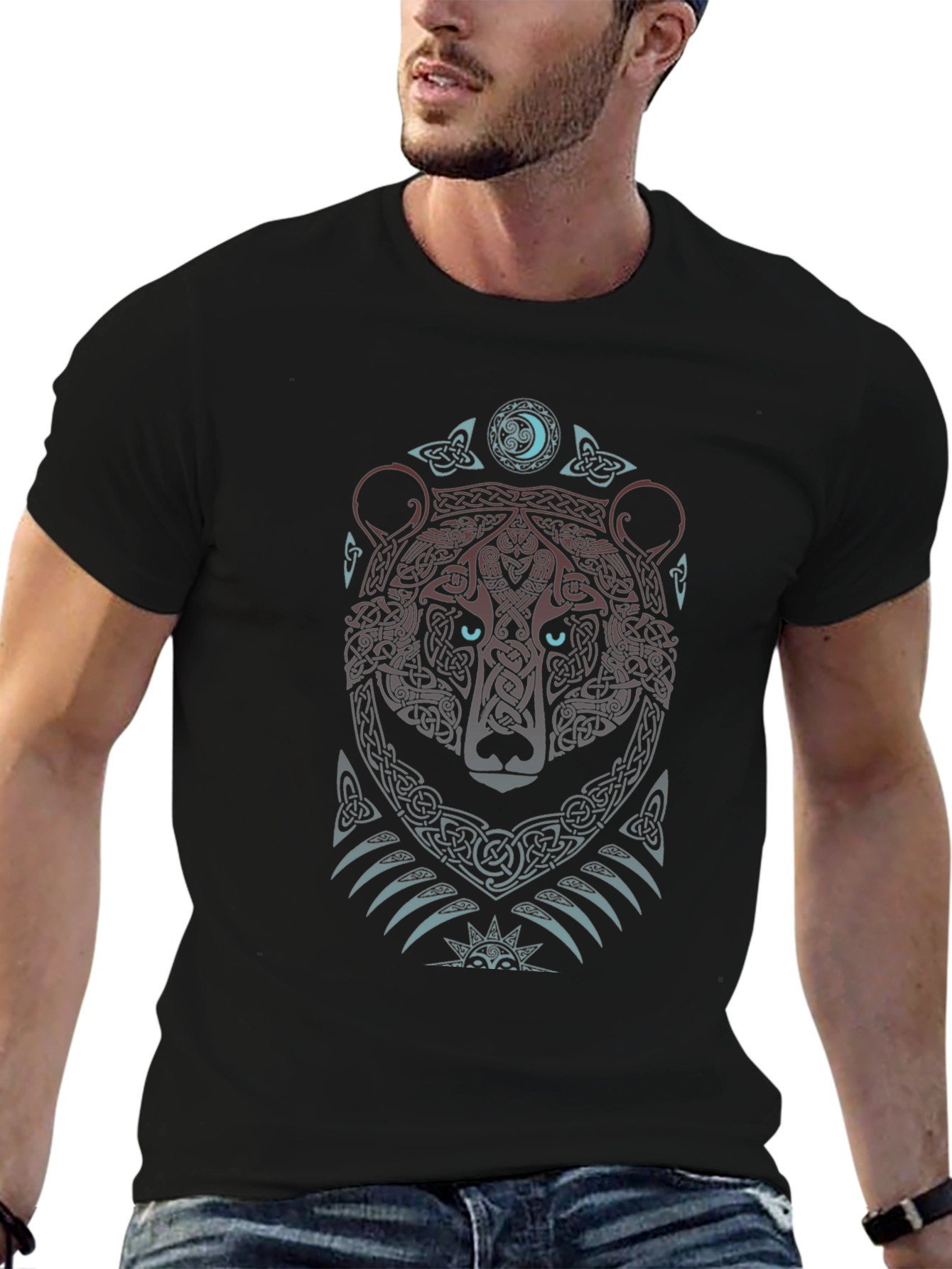 Celtic Bear T-Shirt: Tribal Knot Design Mens Black Tee
