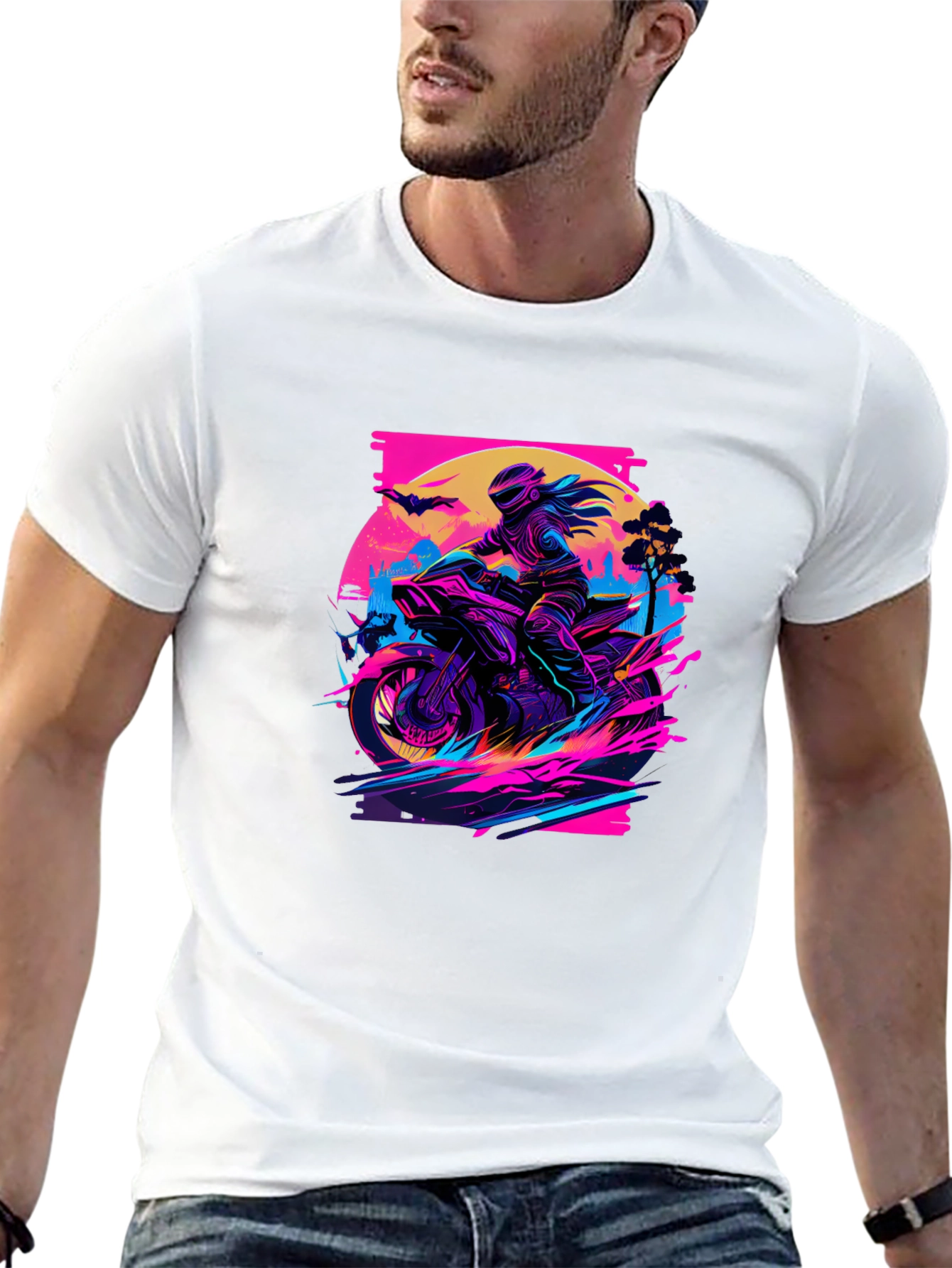 Retro Biker T-Shirt - Synthwave Motorcycle Design