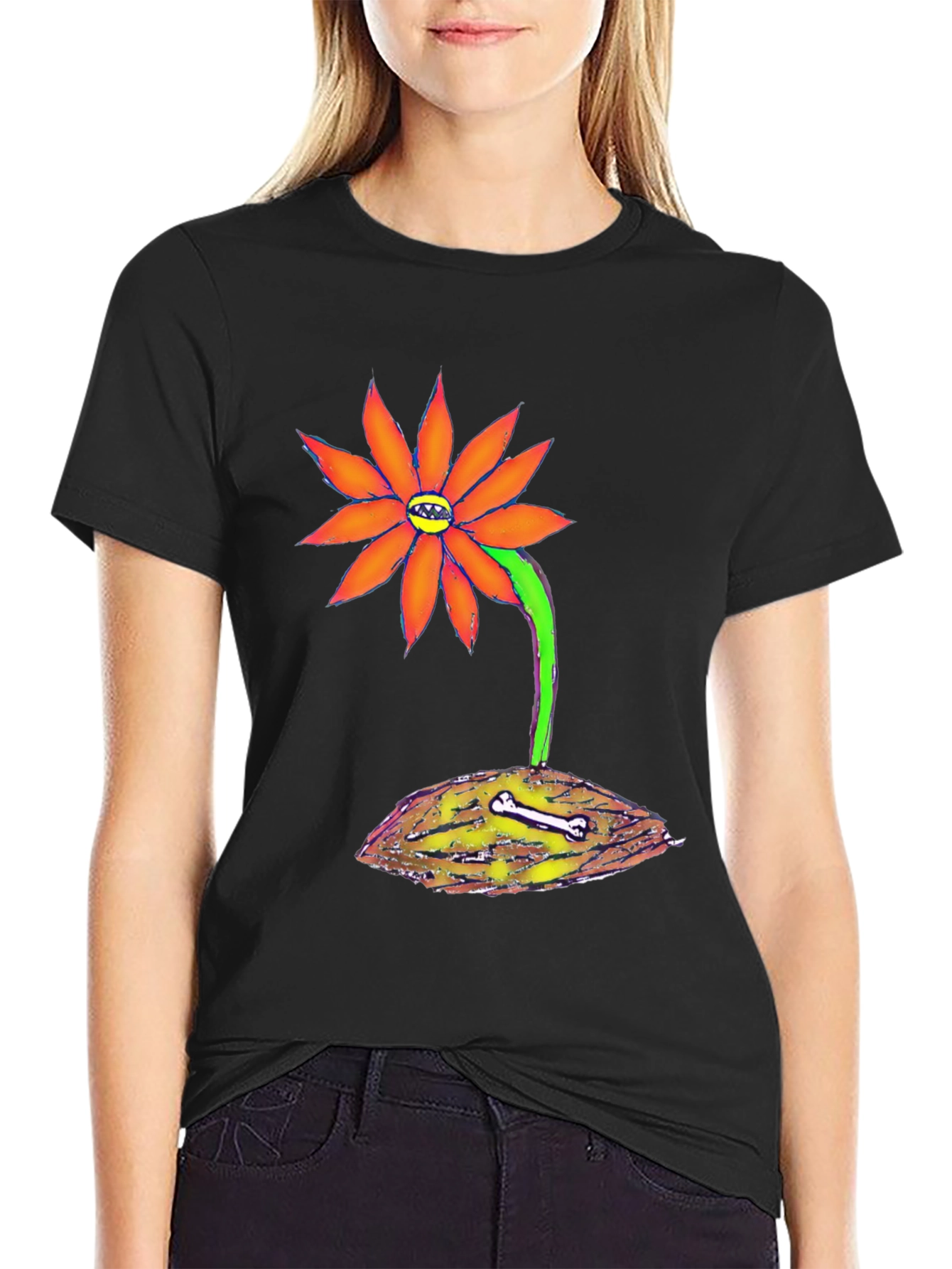 Unique Graphic Tee - Orange Flower with Bone