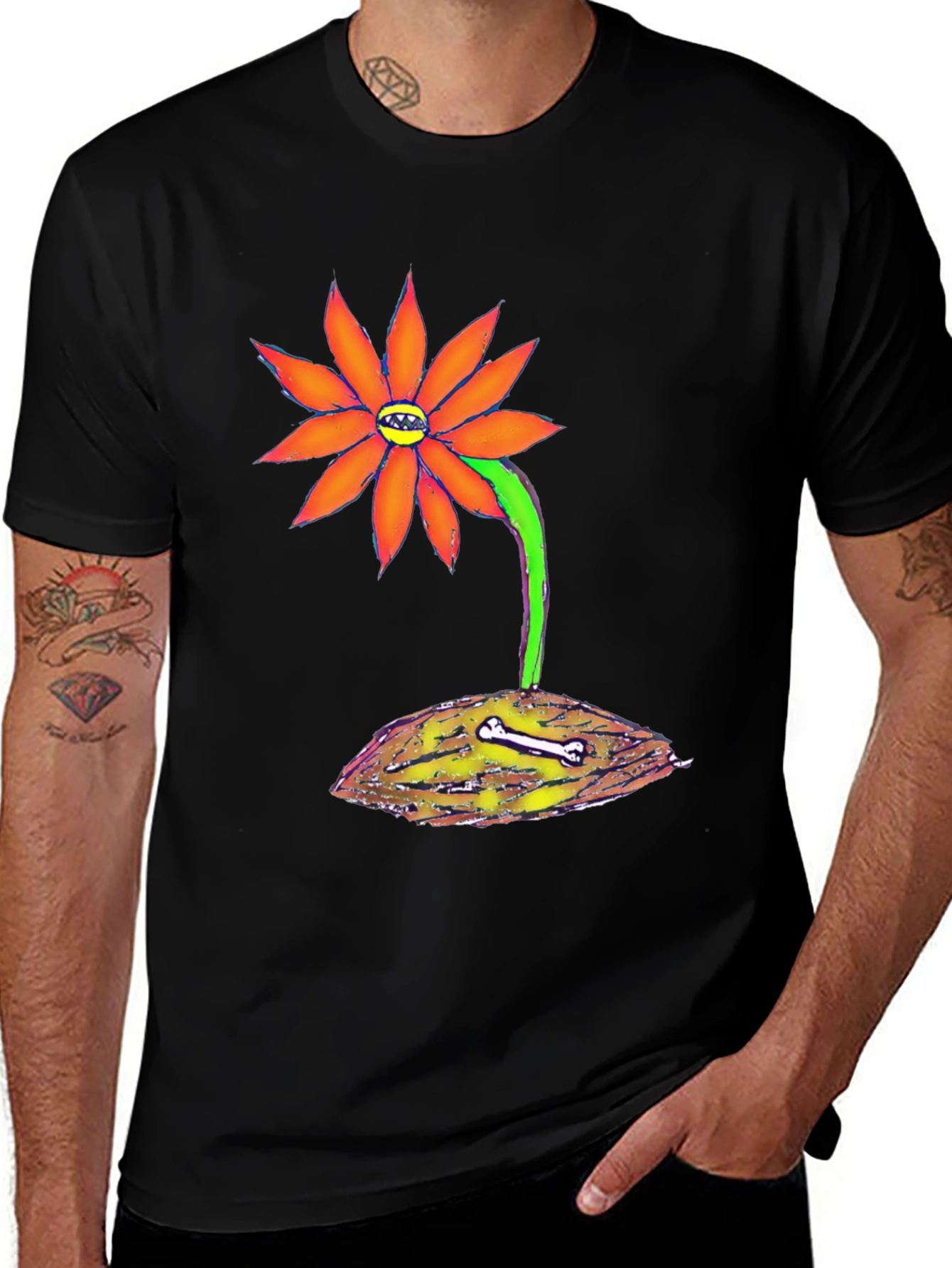 Unique Graphic Tee - Orange Flower with Bone