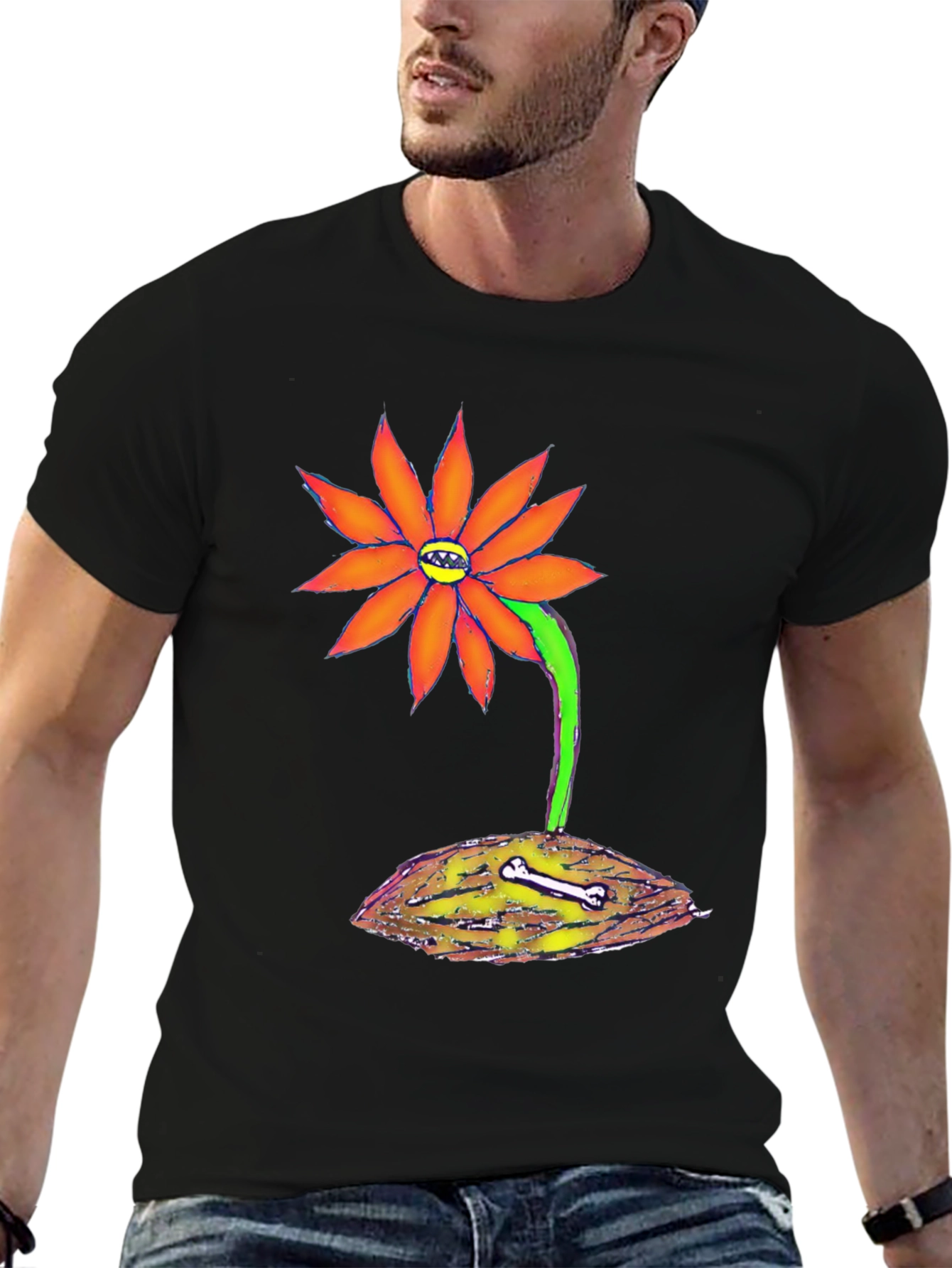 Unique Graphic Tee - Orange Flower with Bone