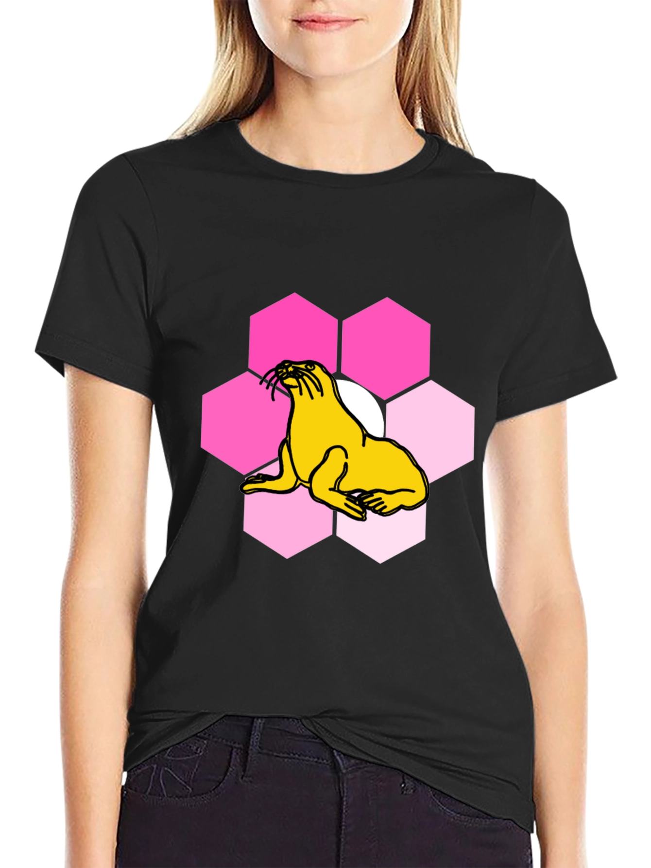 Seal Hexagon Graphic Print Black T-Shirt