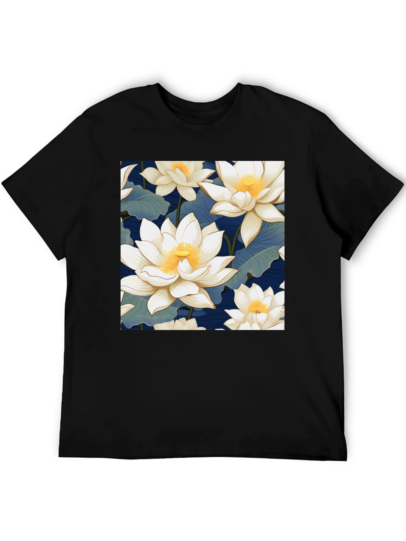 Lotus Flower Print Black T-Shirt