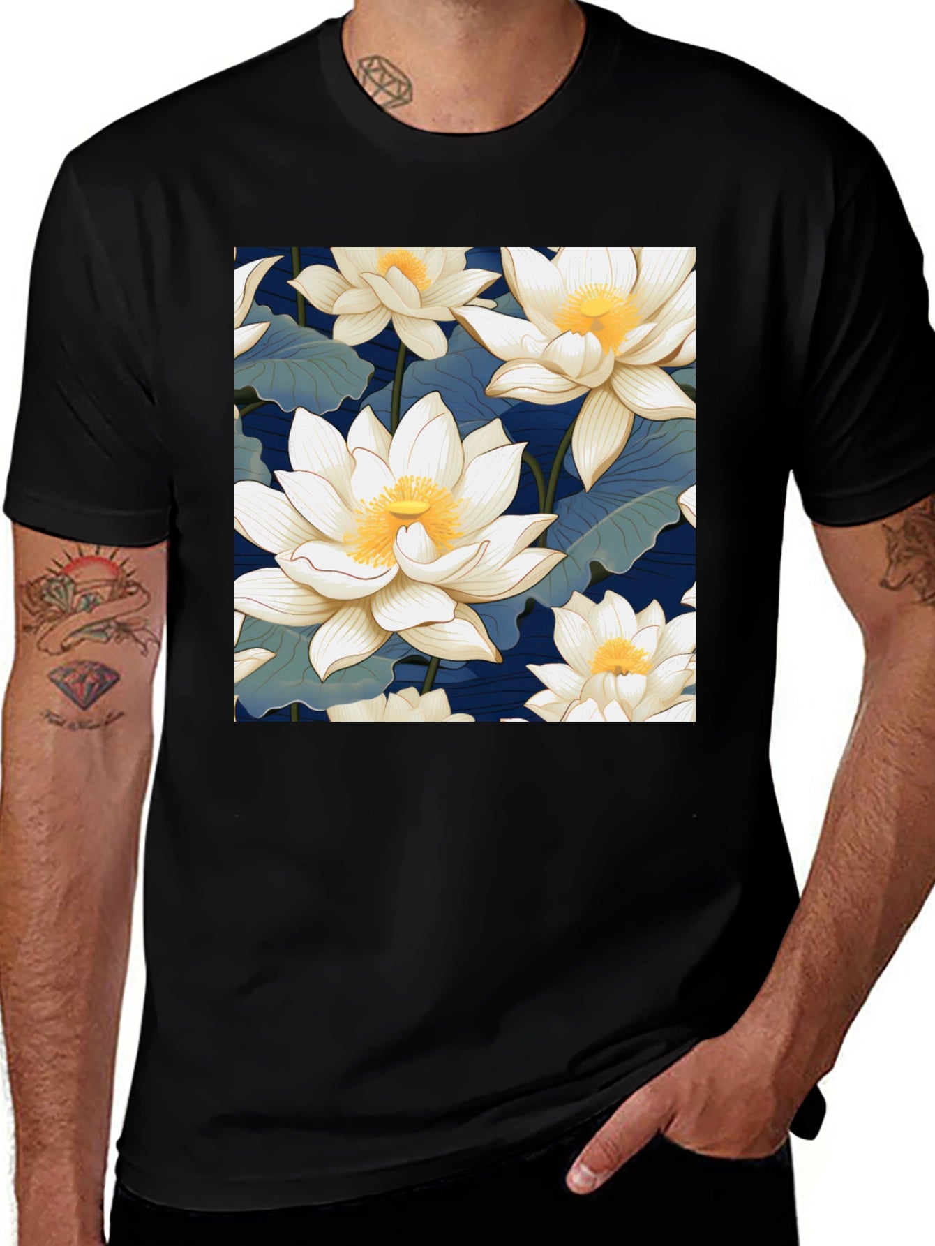 Lotus Flower Print Black T-Shirt