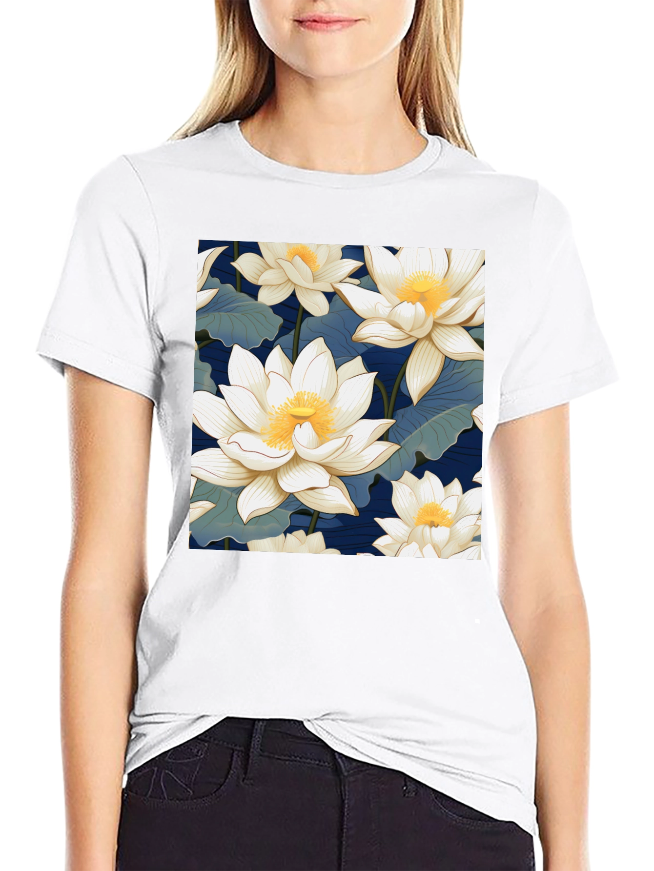 Lotus Flower Print Black T-Shirt