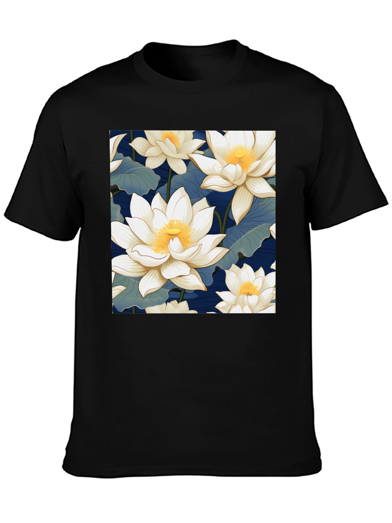 Lotus Flower Print Black T-Shirt
