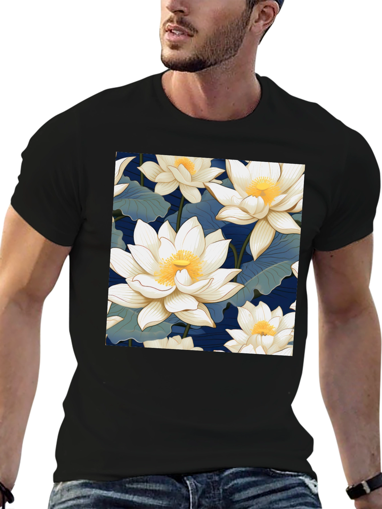 Lotus Flower Print Black T-Shirt