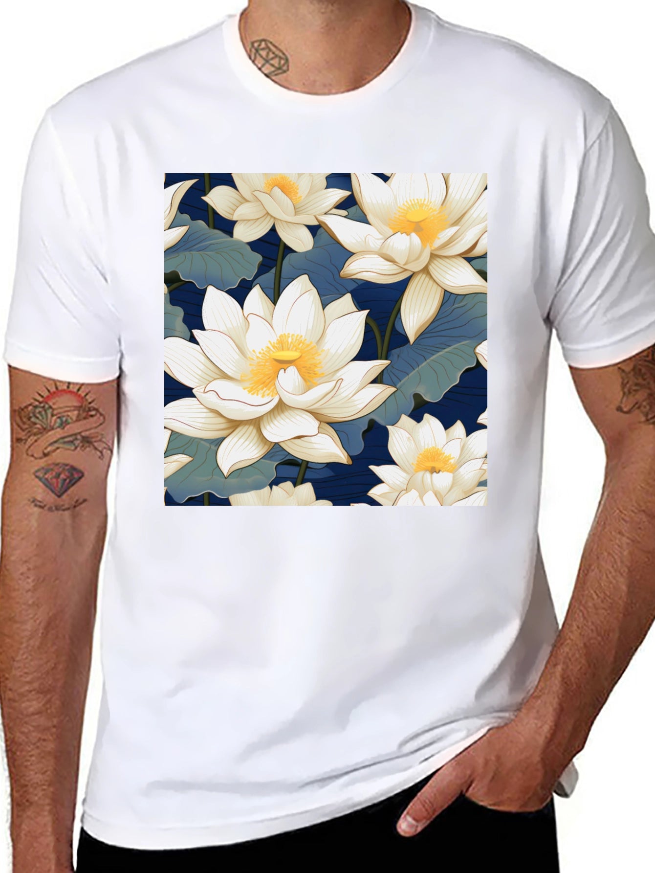 Lotus Flower Print Black T-Shirt