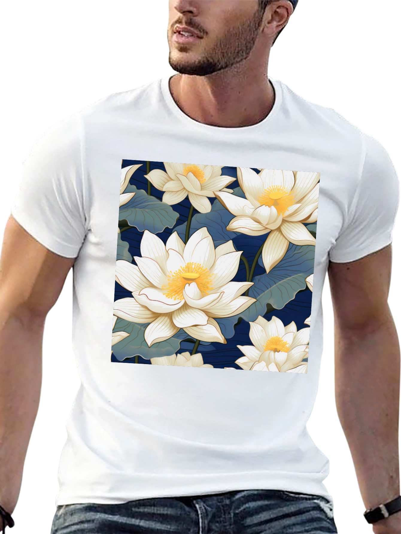 Lotus Flower Print Black T-Shirt
