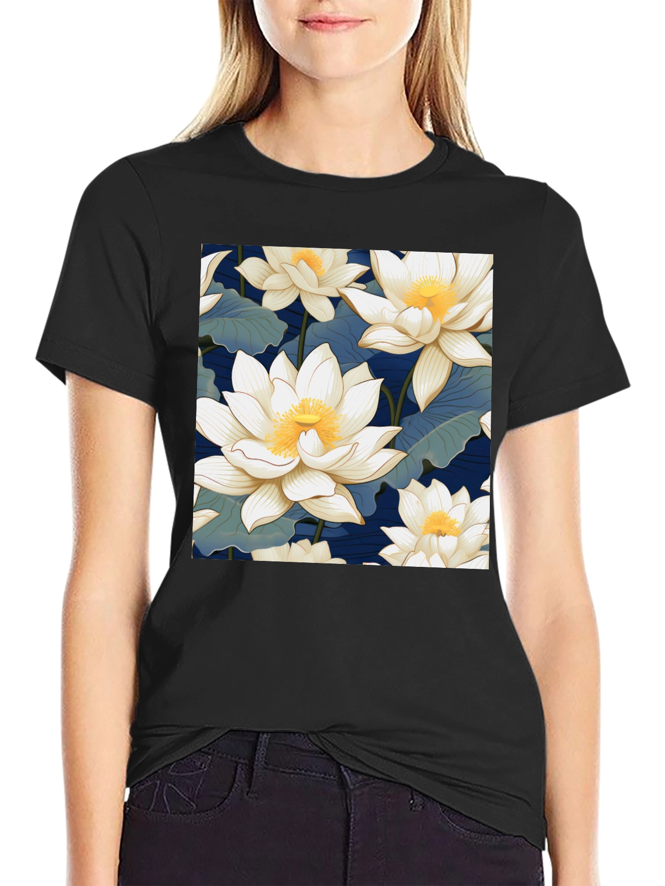 Lotus Flower Print Black T-Shirt