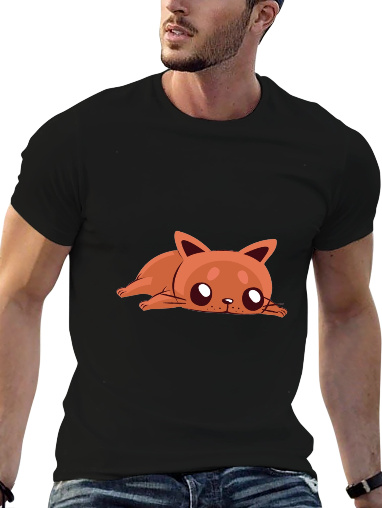 Cute Cartoon Cat Graphic Black T-Shirt