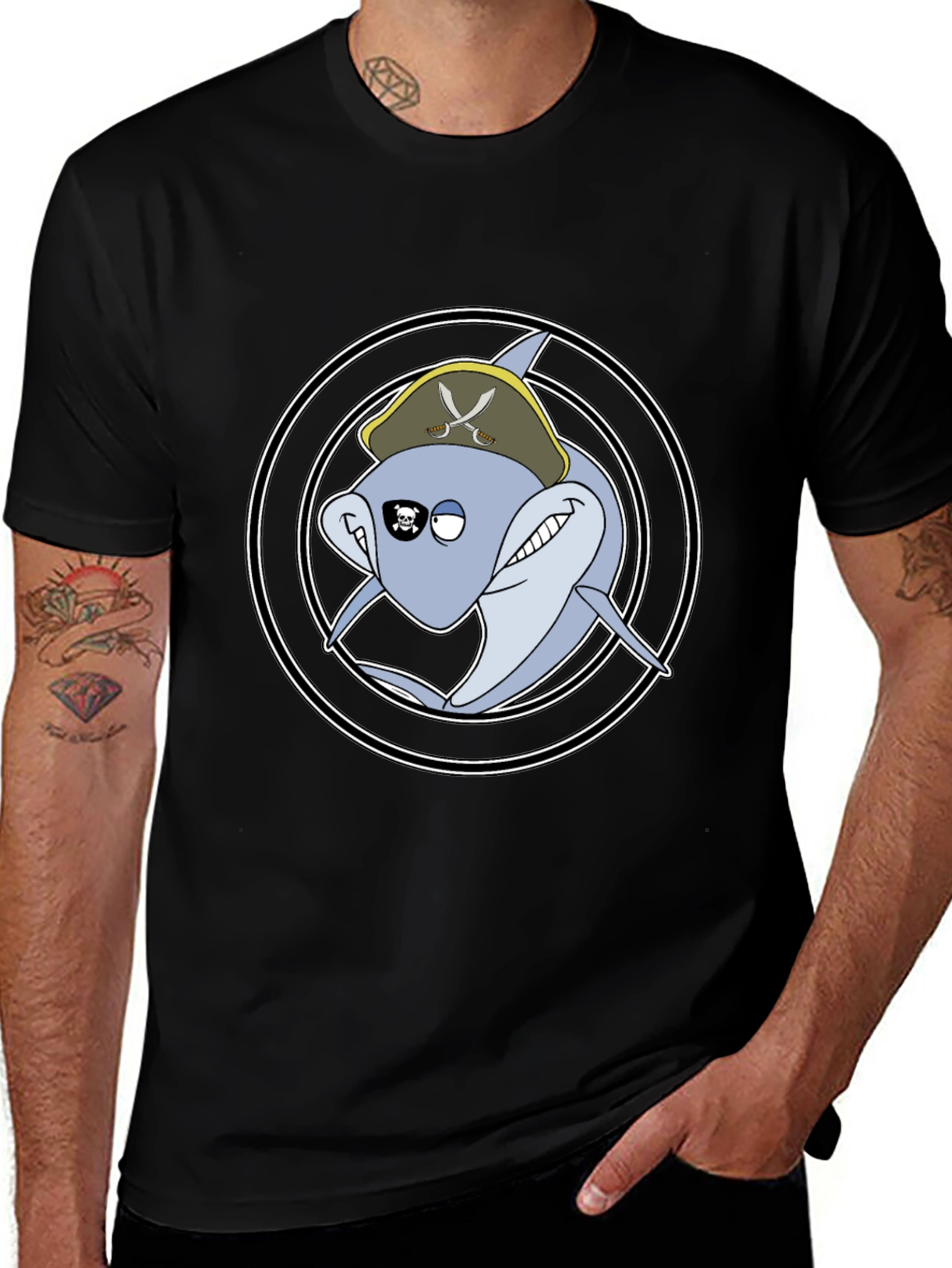 Pirate Shark Graphic Tee - Black Cotton T-Shirt
