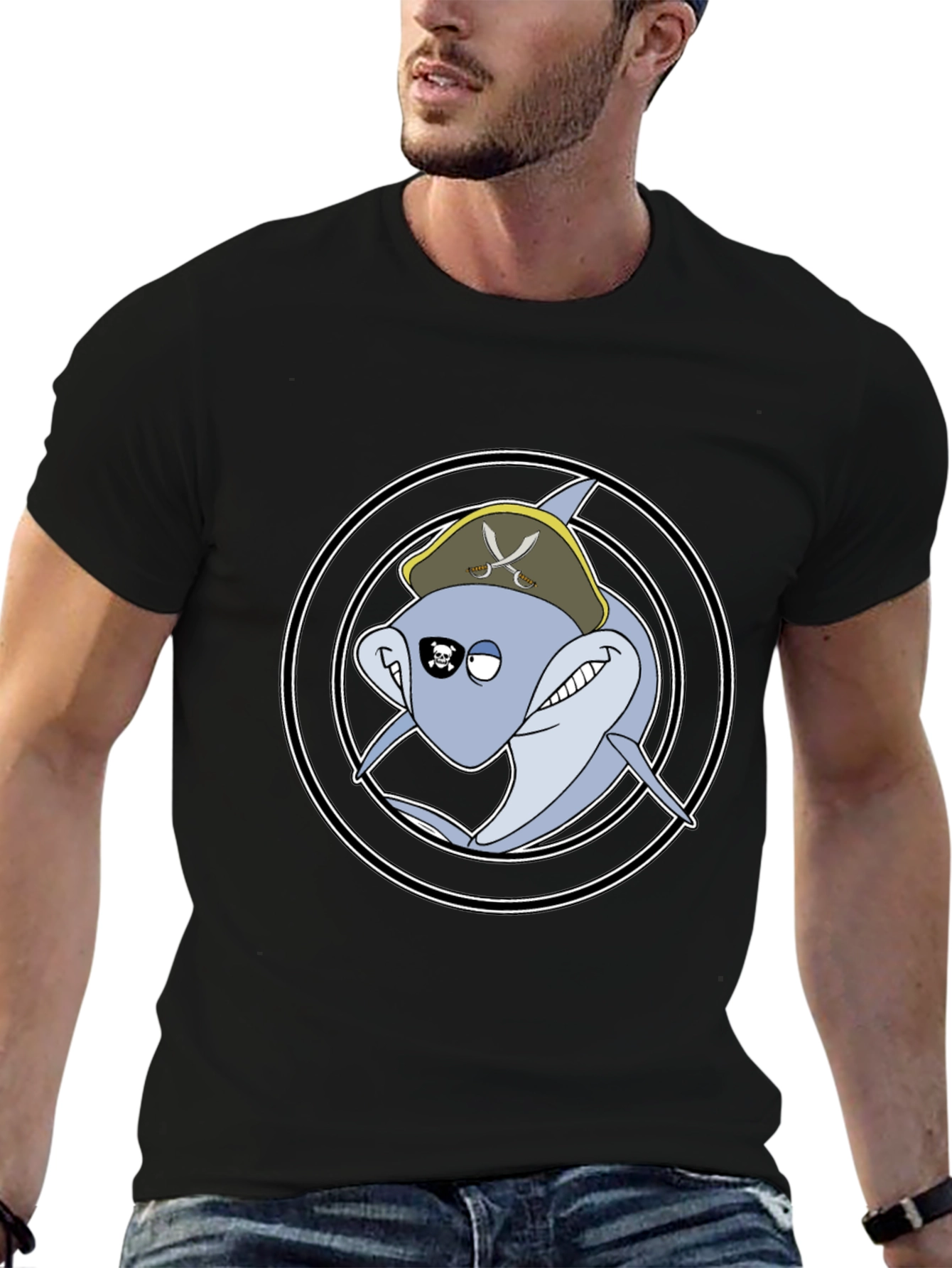 Pirate Shark Graphic Tee - Black Cotton T-Shirt