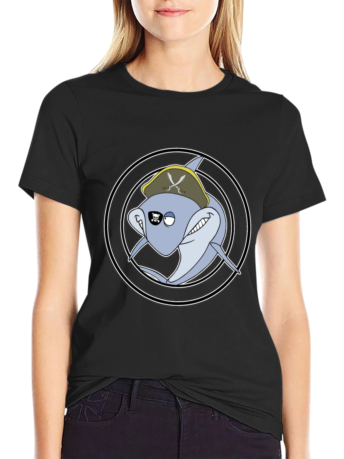 Pirate Shark Graphic Tee - Black Cotton T-Shirt
