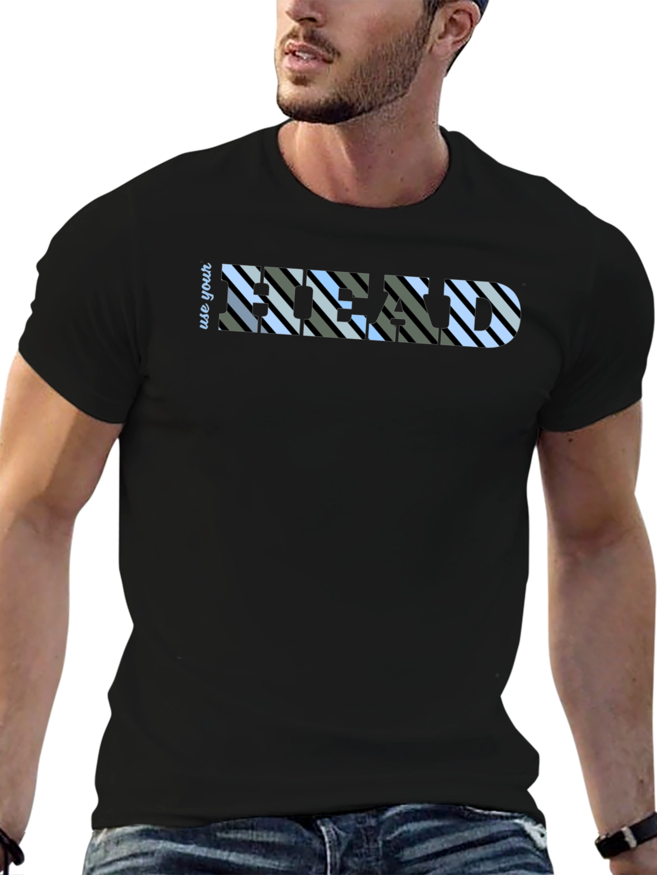 Use Your Head Striped Graphic Tee - Black