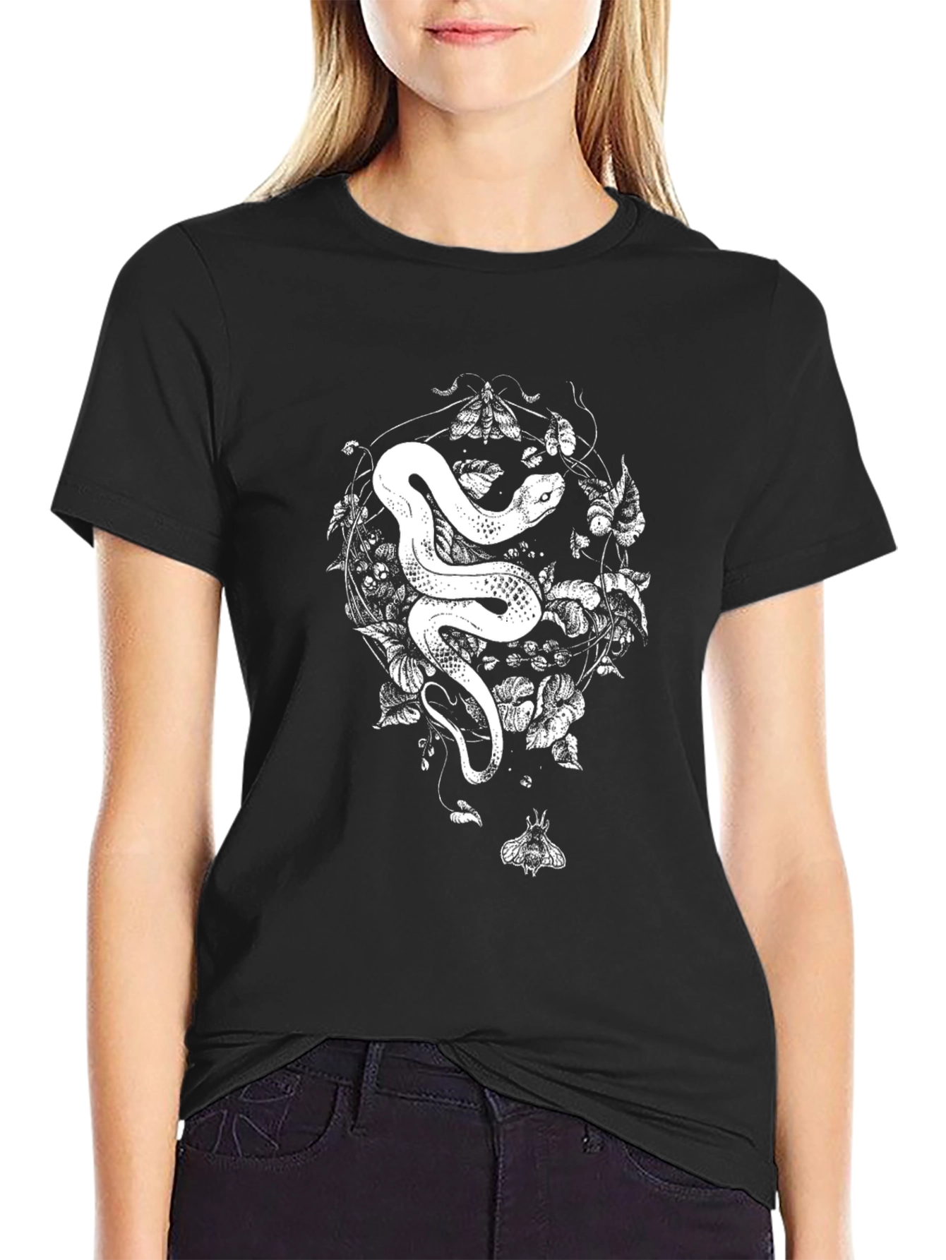 Snake & Moth Graphic Tee - Black Cotton T-Shirt