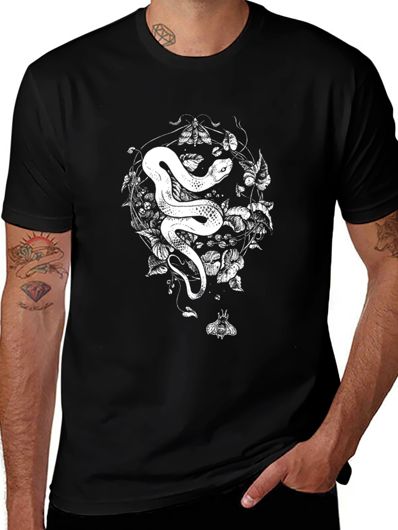 Snake & Moth Graphic Tee - Black Cotton T-Shirt