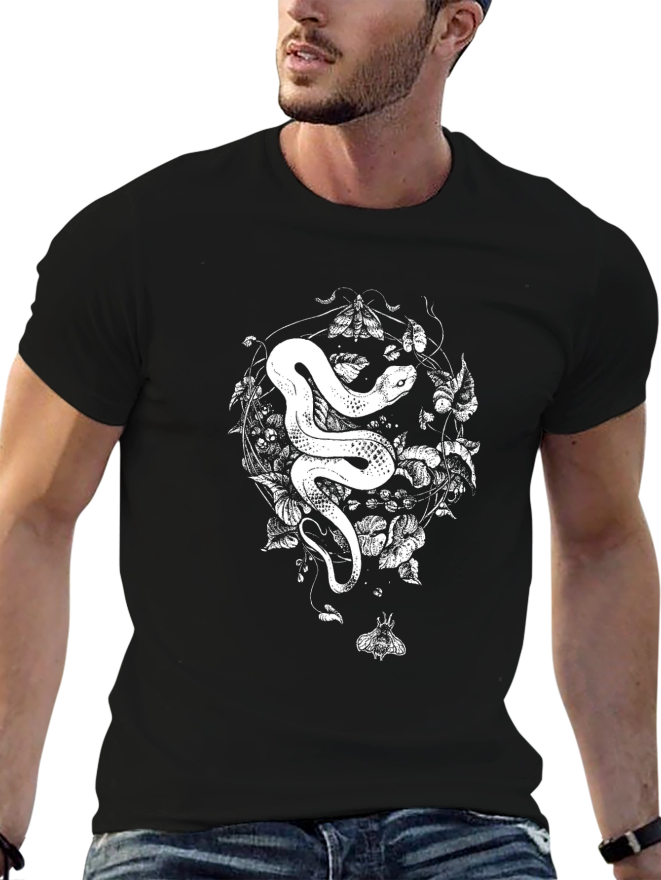 Snake & Moth Graphic Tee - Black Cotton T-Shirt