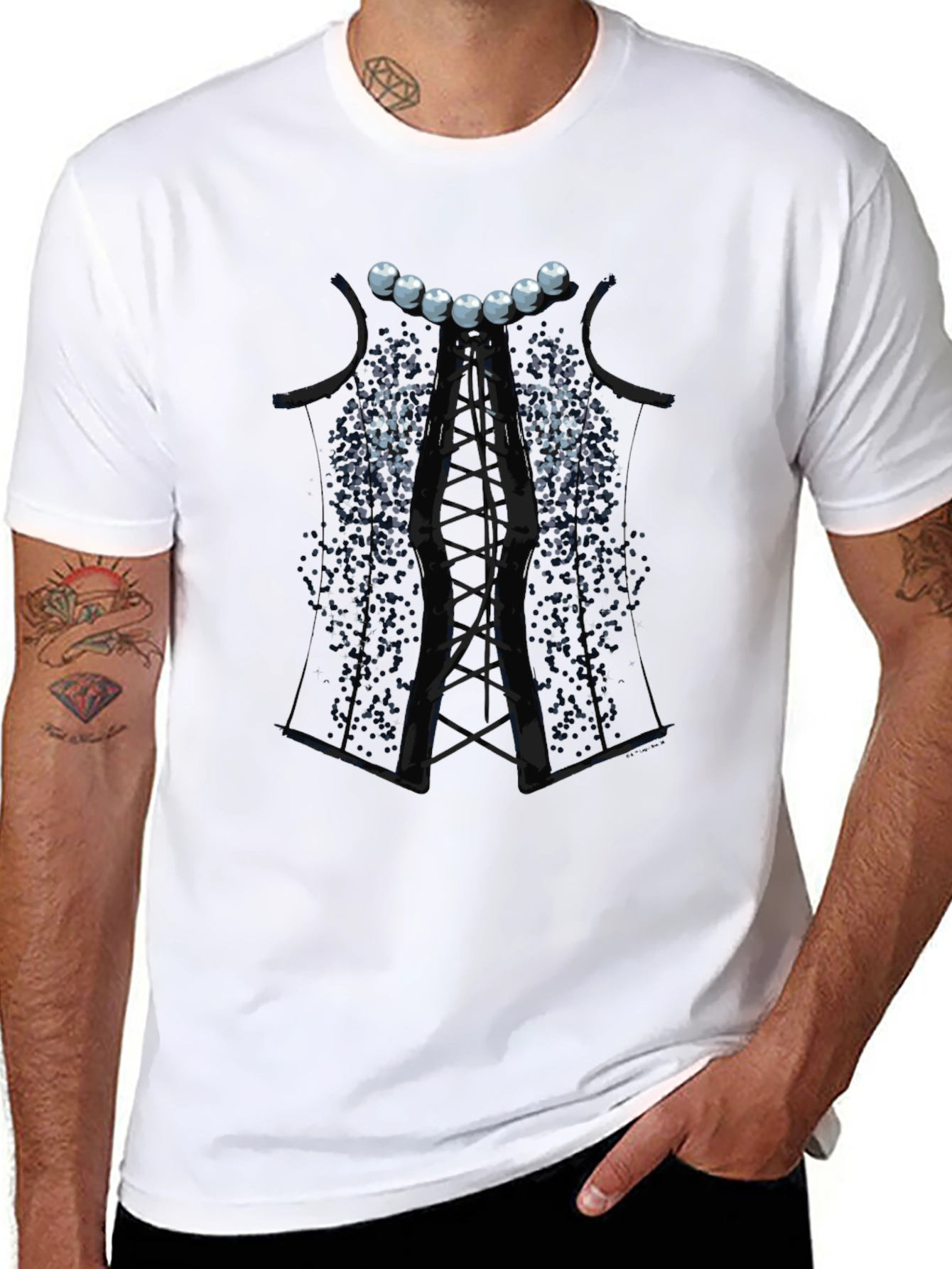 Black Corset T-Shirt with Pearl Detail