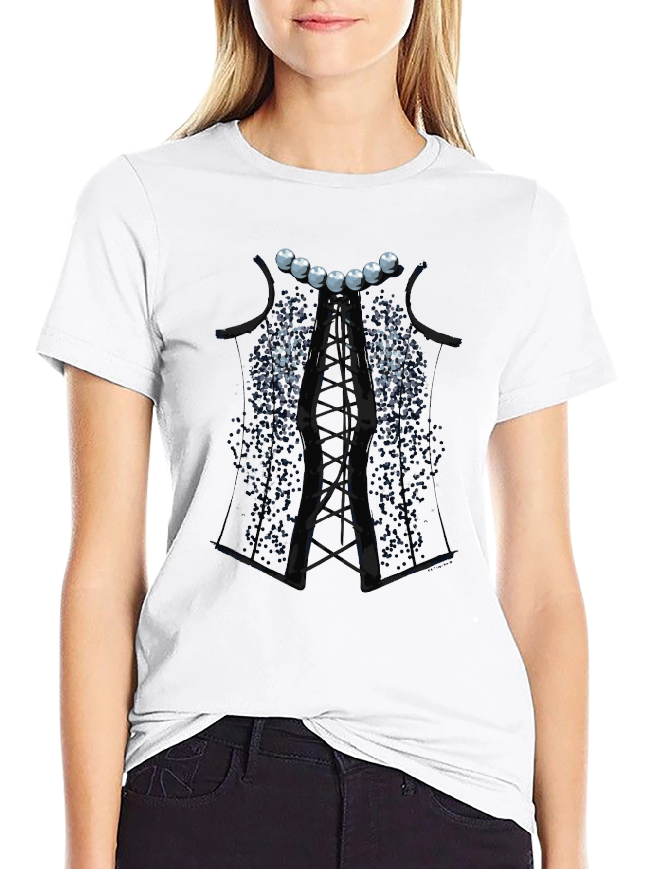 Black Corset T-Shirt with Pearl Detail