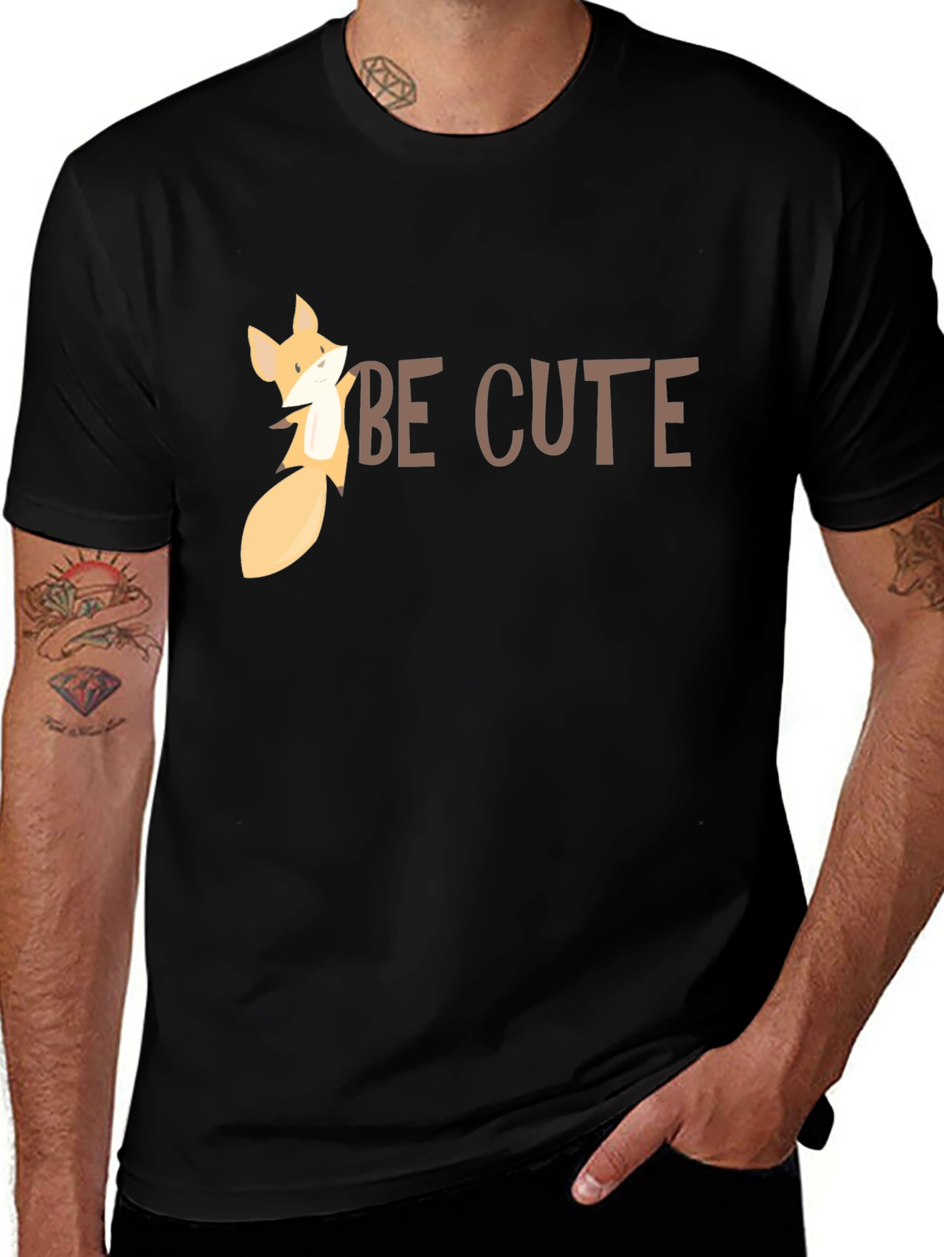Be Cute Fox Graphic Tee - Black Cotton T-Shirt