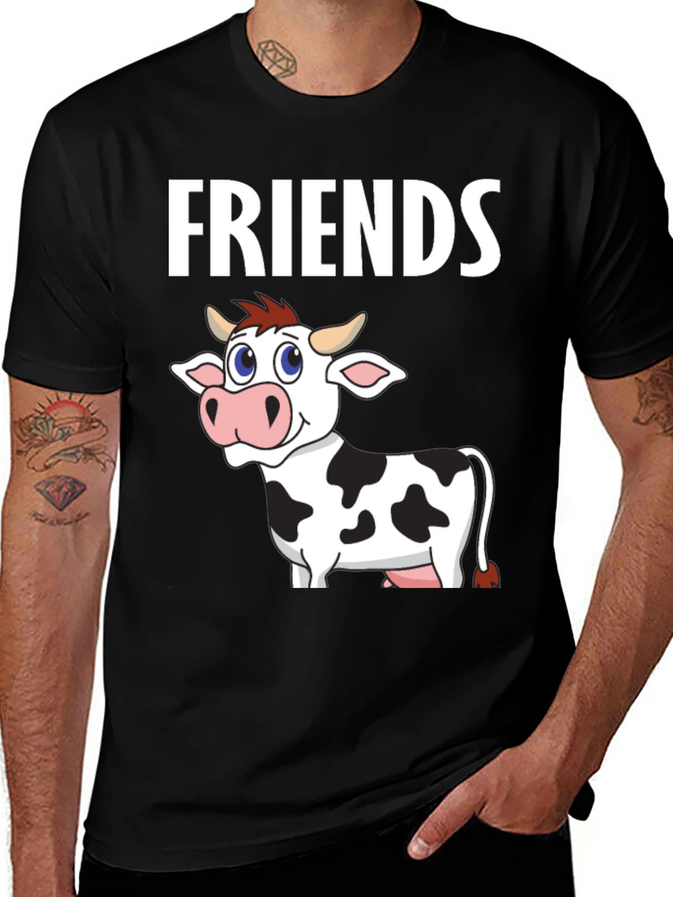 Cow Friends Graphic Tee -  Black Crew Neck T-Shirt
