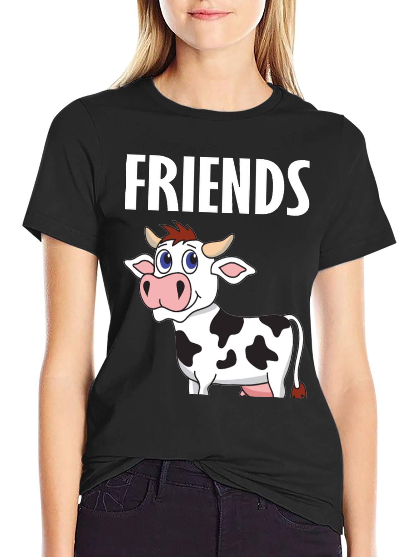 Cow Friends Graphic Tee -  Black Crew Neck T-Shirt