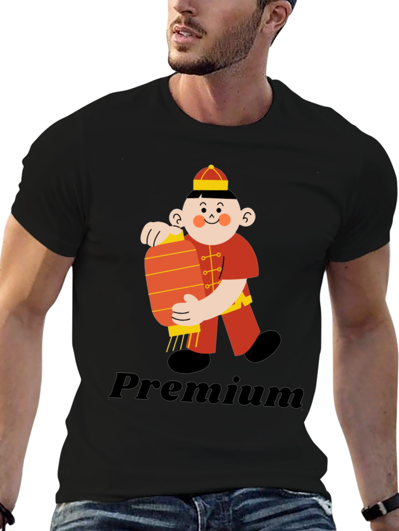Premium Black T-Shirt with Chinese Boy Graphic