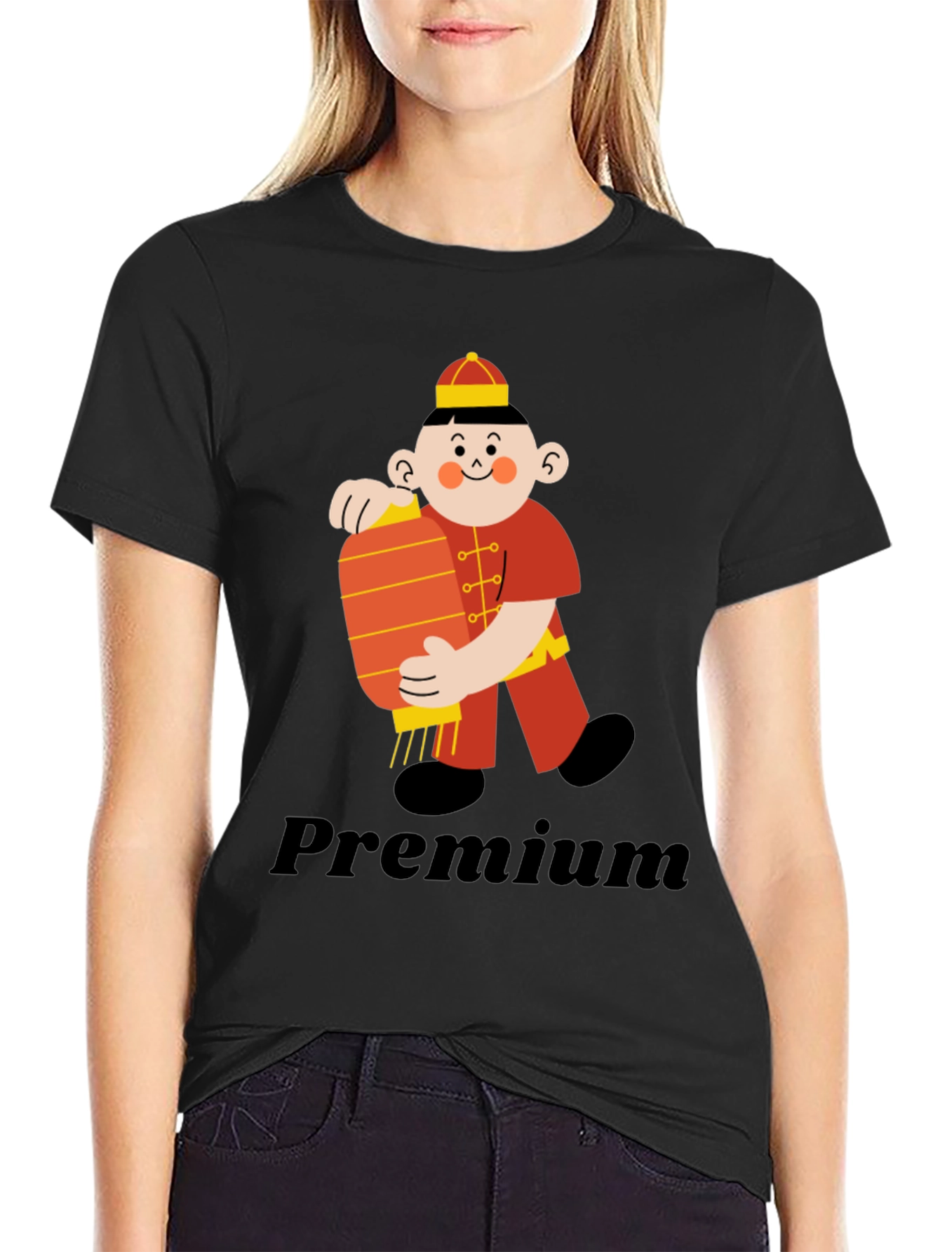 Premium Black T-Shirt with Chinese Boy Graphic