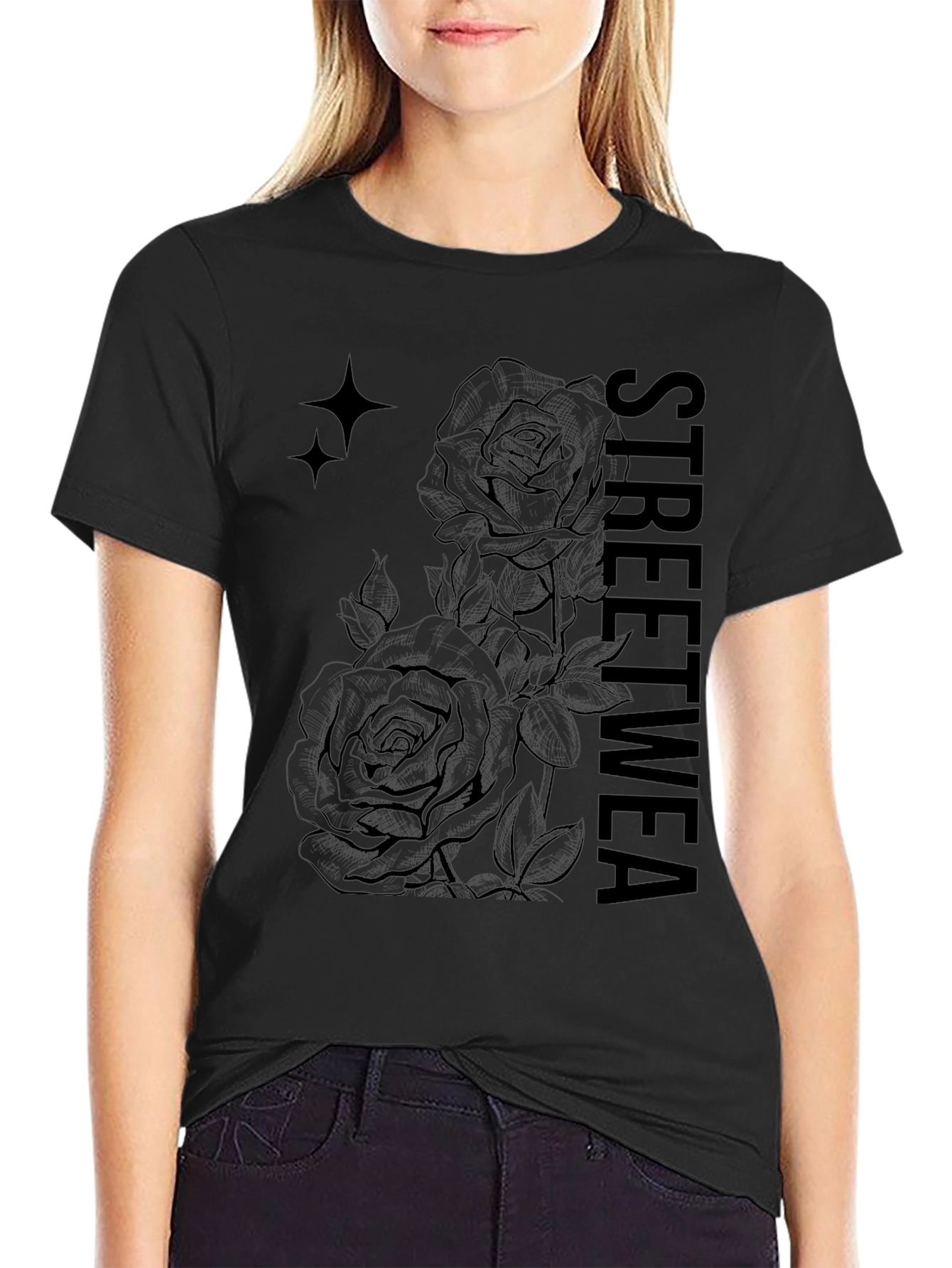 Black Streetwear Rose Graphic Tee
