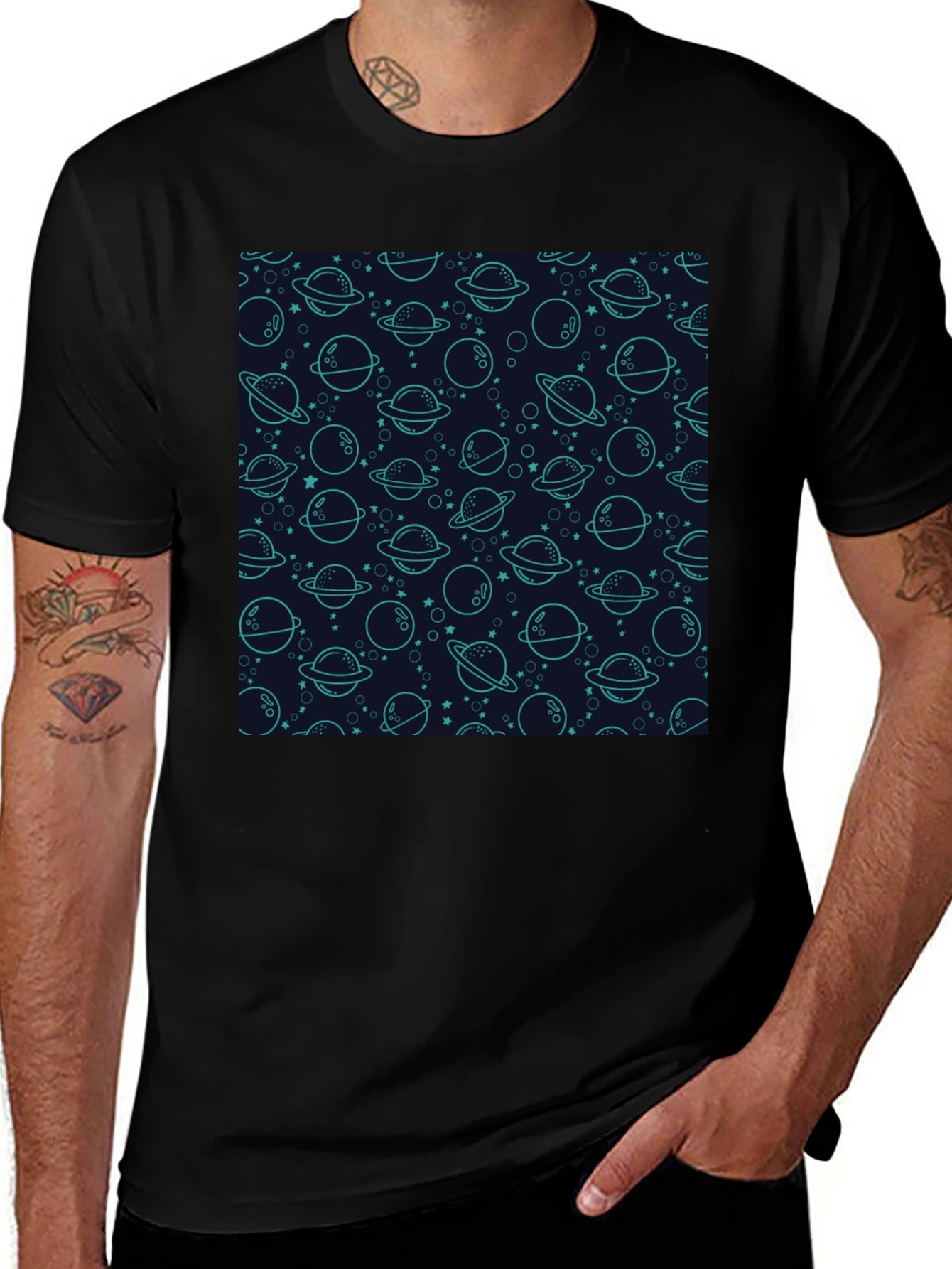Cosmic Dream T-Shirt: Planets & Stars Pattern