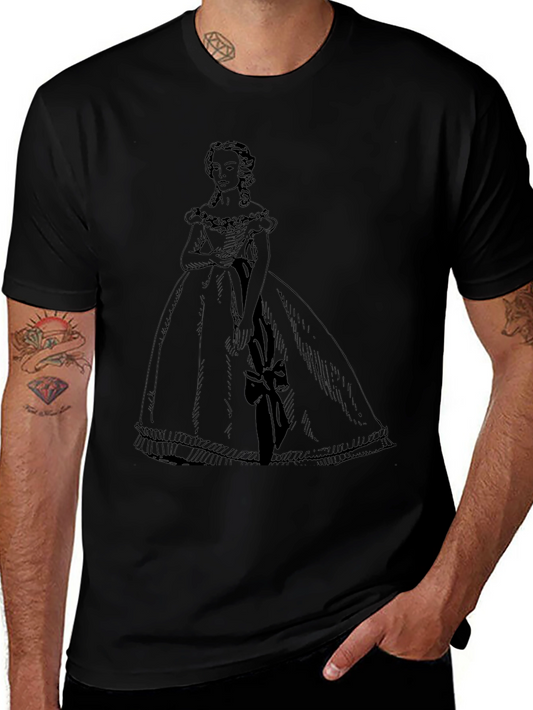 Elegant Black T-Shirt with Victorian Dress Design